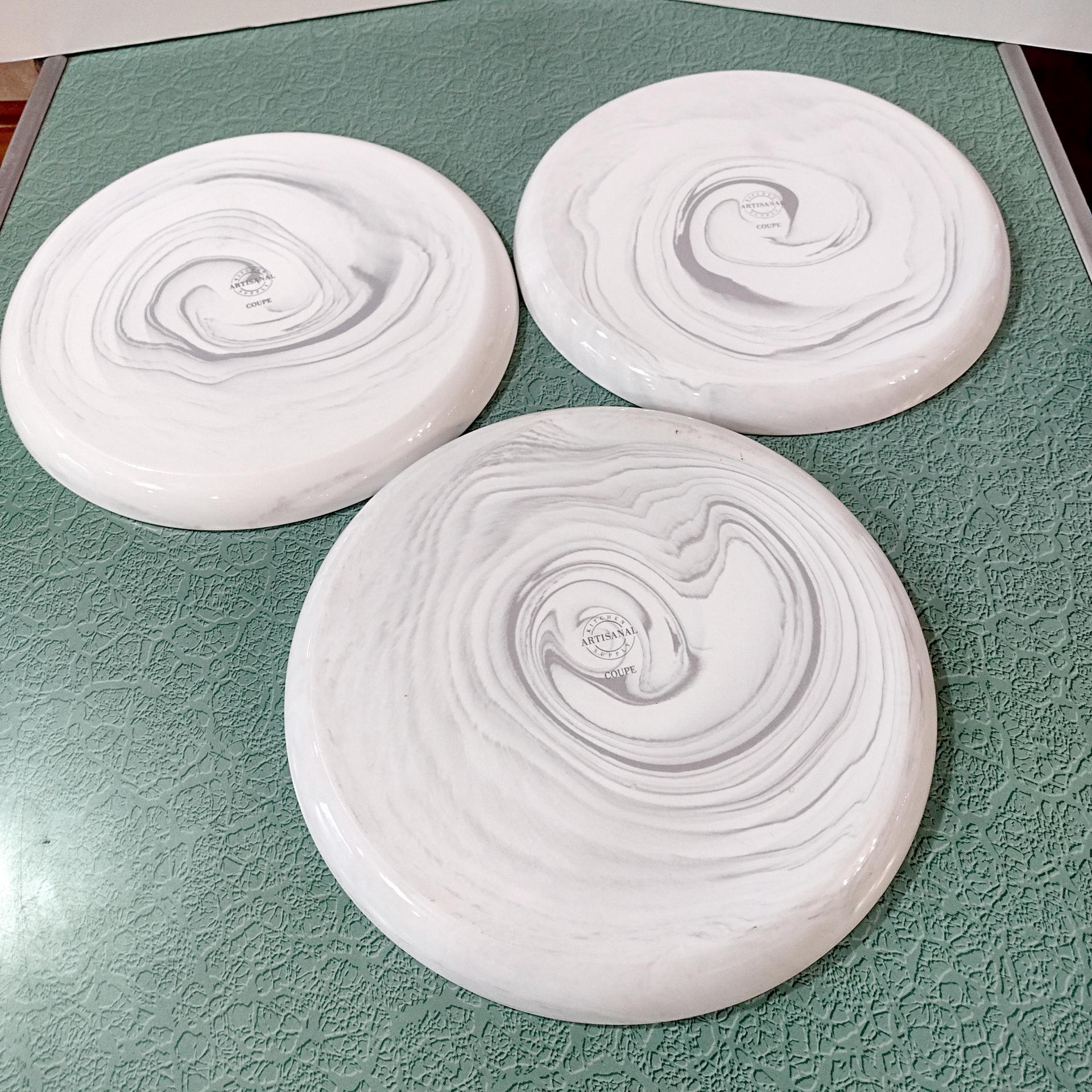 Vintage Artisinal Kitchen Supply Coupe Marble Gray Porcelain Dinner Plates, Set of 3