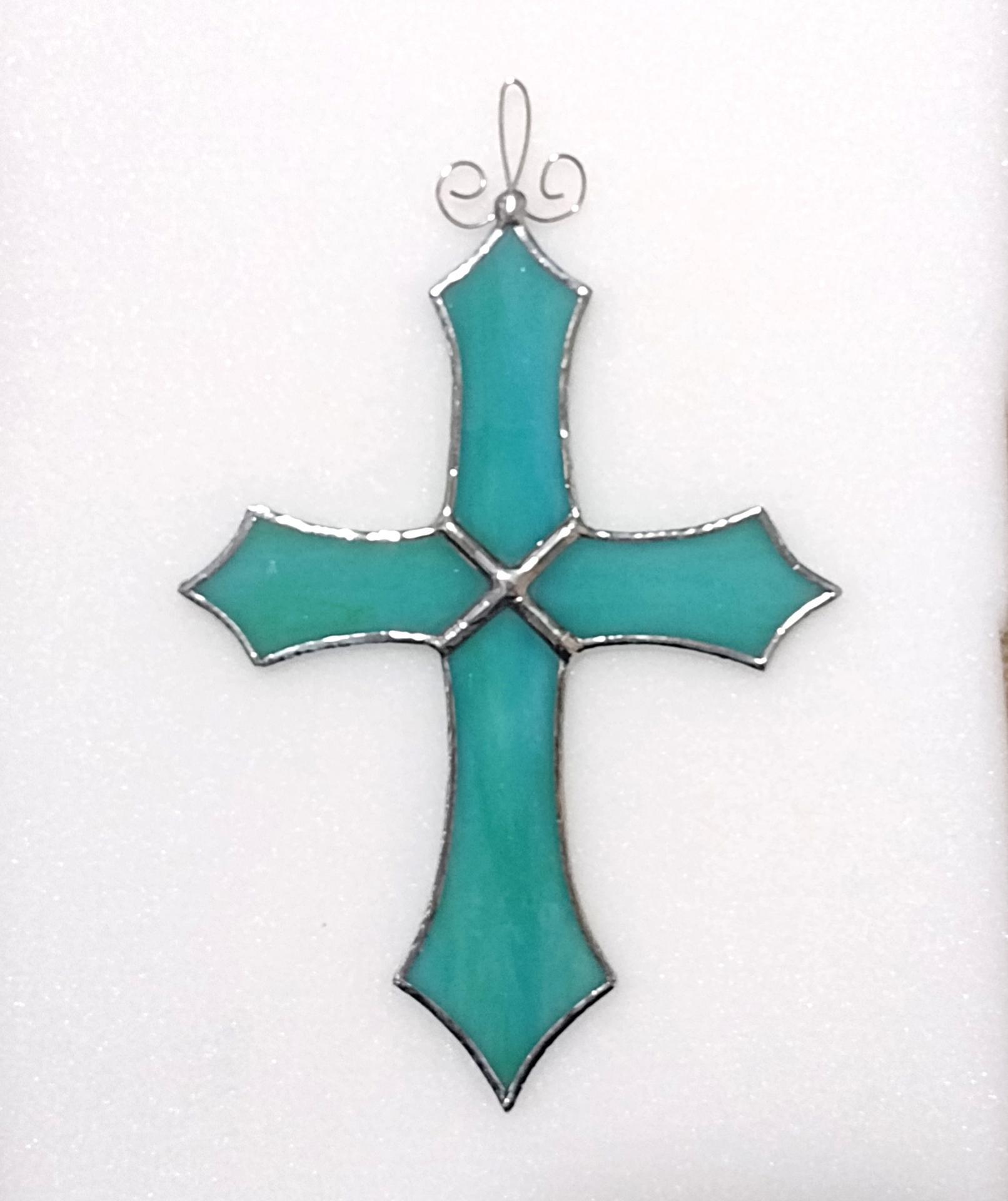 Stained Glass Cross Suncatcher, Aqua Blue Swirl