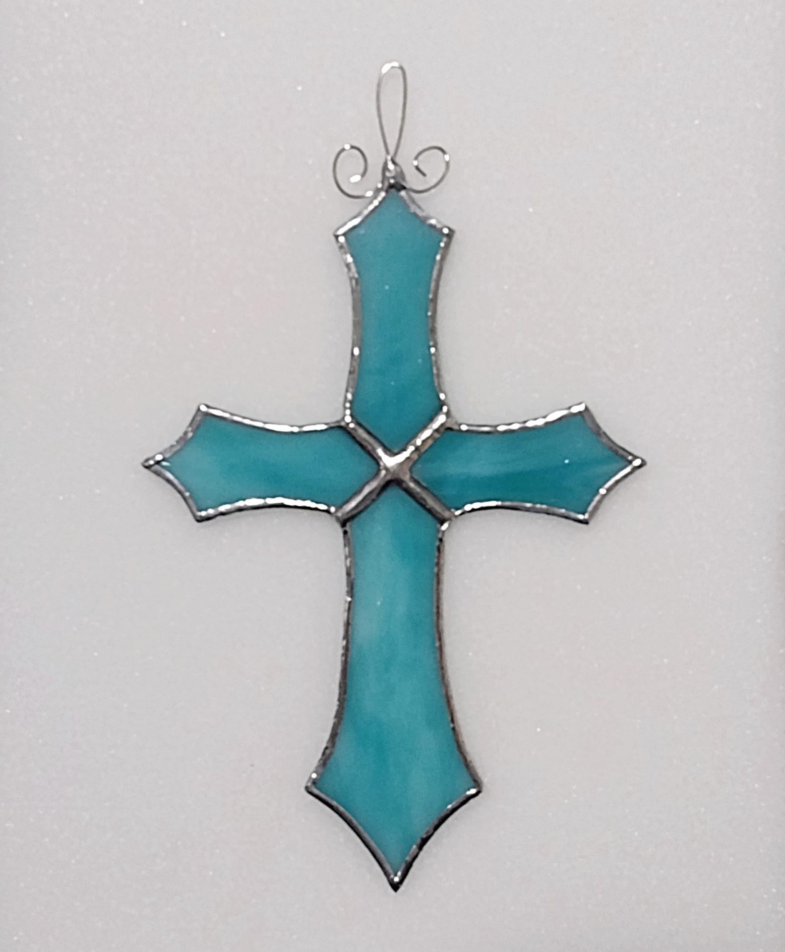 Stained Glass Cross Suncatcher, Blue and White Swirl