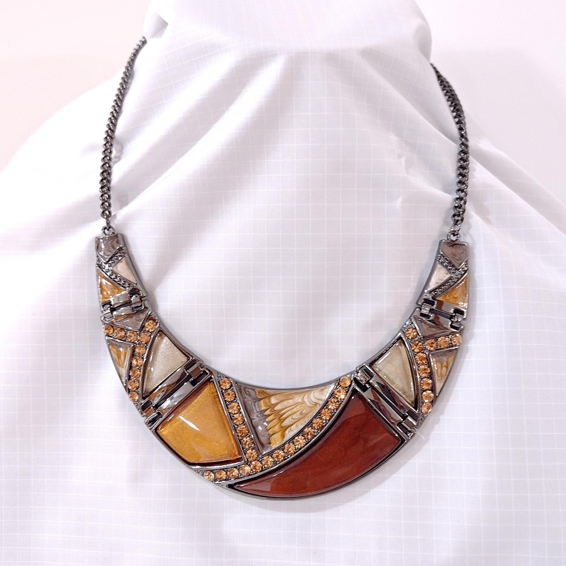 Vintage Enamel and Rhinestone Crescent Moon Metal Necklace, Brown and Amber Earth Tone Statement Necklace