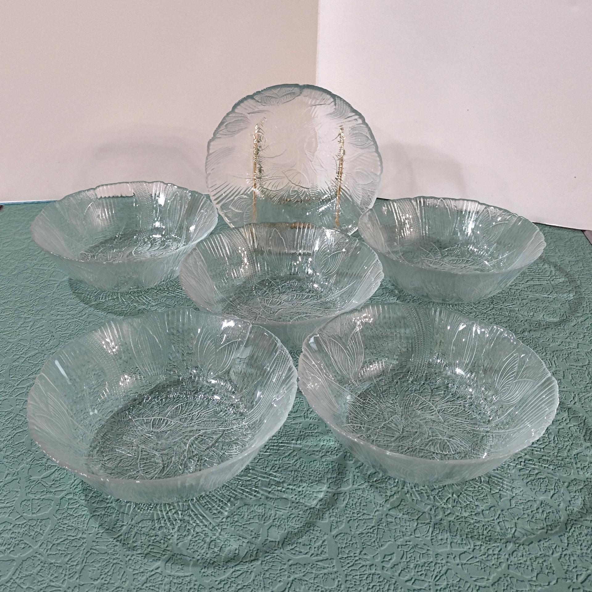 Vintage Arcoroc Canterbury Crocus Clear Glass Cereal Salad Bowls, Set of 6