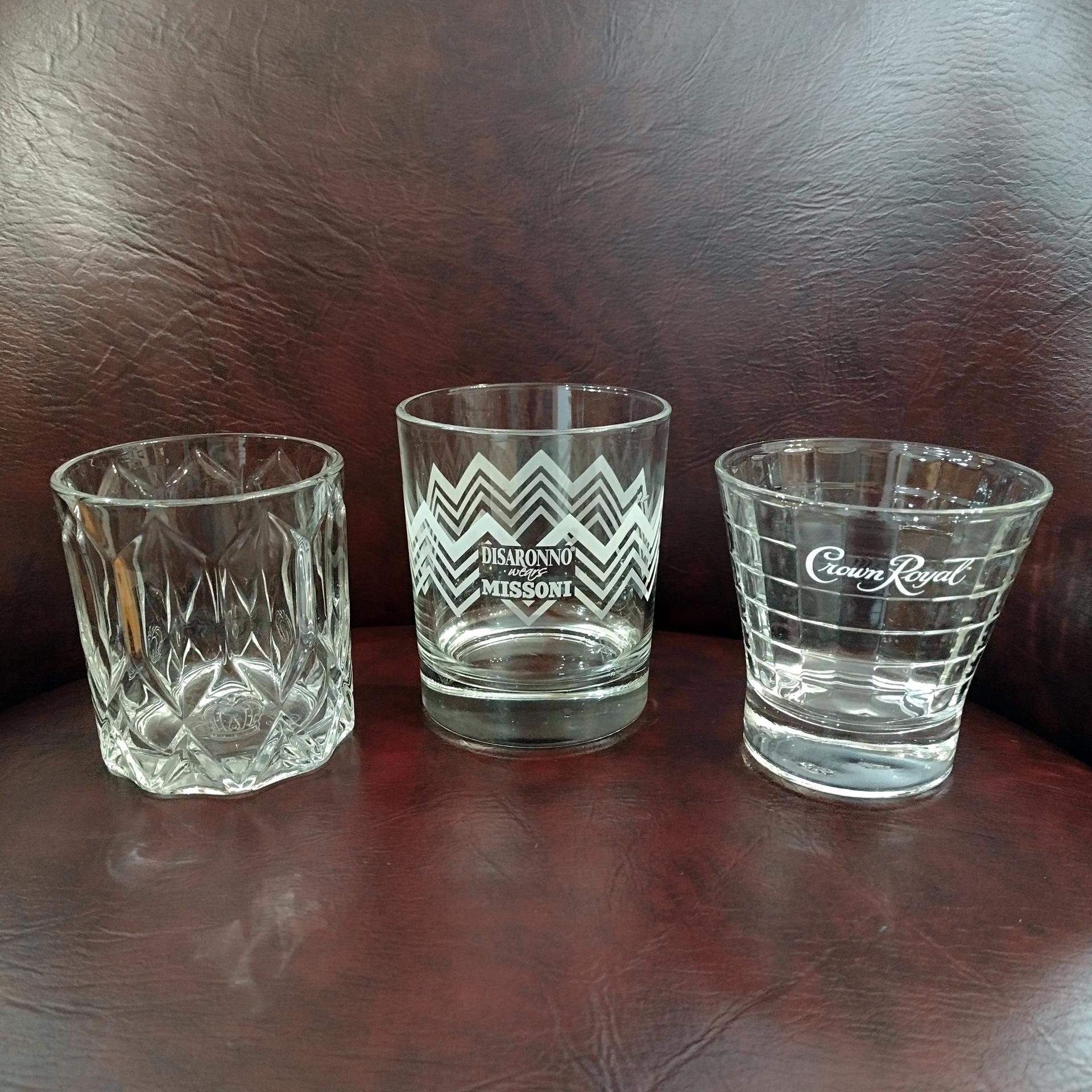 Vintage Crown Royal and Disaronno Whiskey Rocks Glasses, Set of Three, Collectible Logo Lowball Glasses