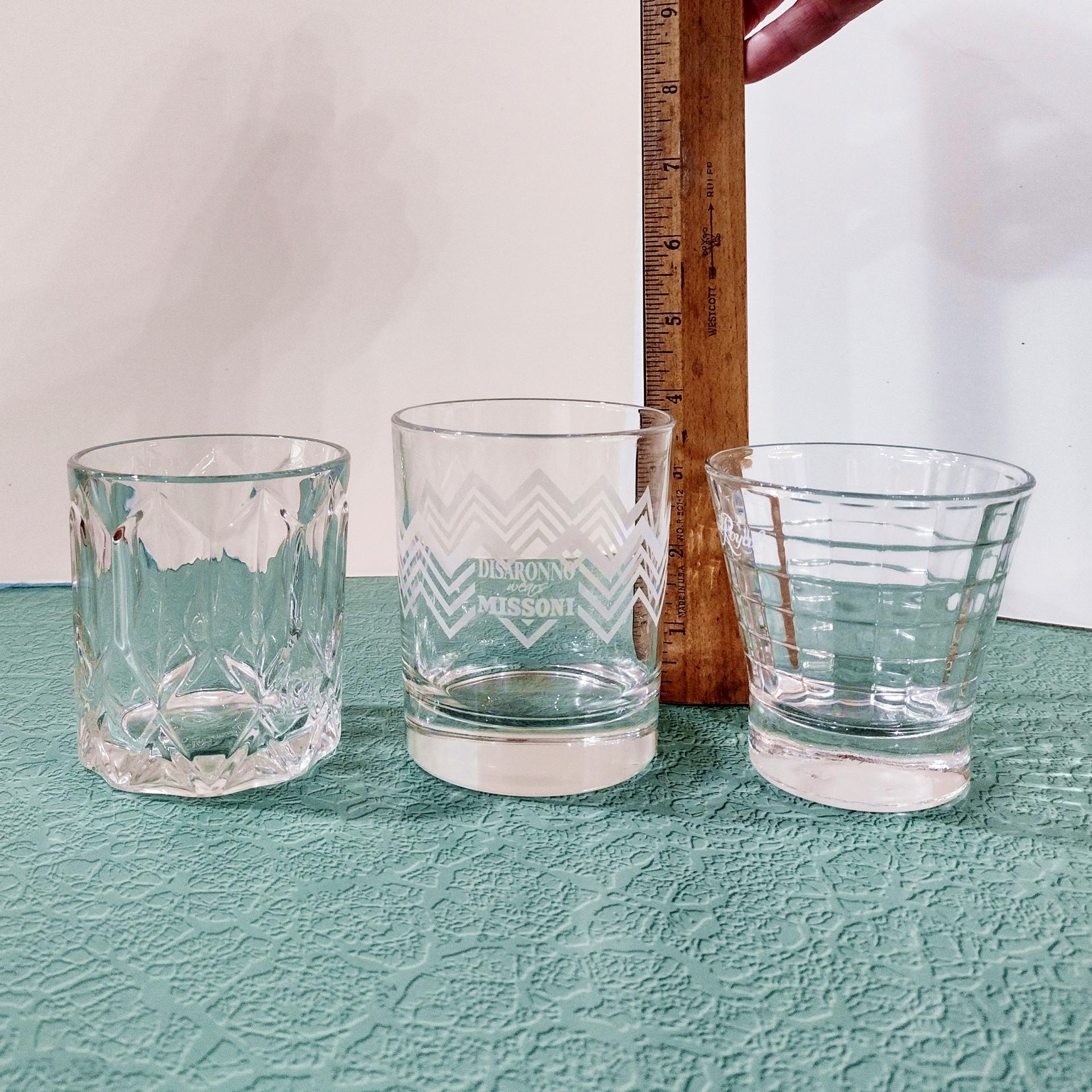 Vintage Crown Royal and Disaronno Whiskey Rocks Glasses, Set of Three, Collectible Logo Lowball Glasses