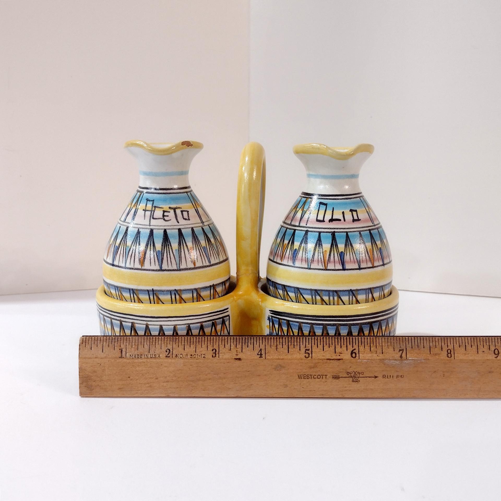 Vintage Italian Hand-Painted Ceramic Cruet Set, Oil and Vinegar Pitchers with Holder