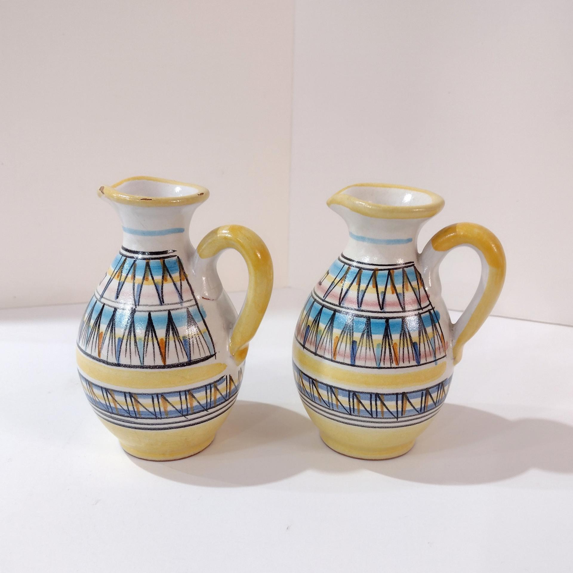 Vintage Italian Hand-Painted Ceramic Cruet Set, Oil and Vinegar Pitchers with Holder