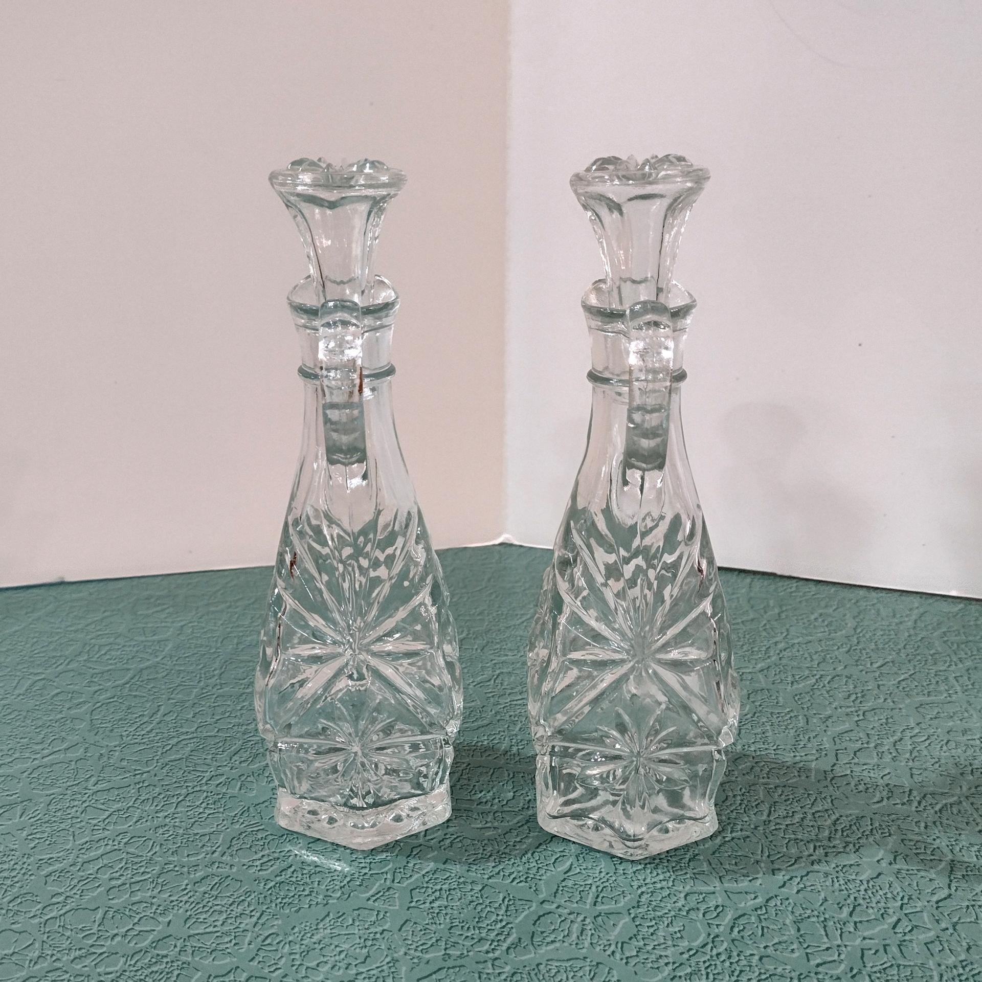 Vintage Anchor Hocking Prescut Clear Star of David Cruet Set, Oil and Vinegar Cruets, Bud Vases