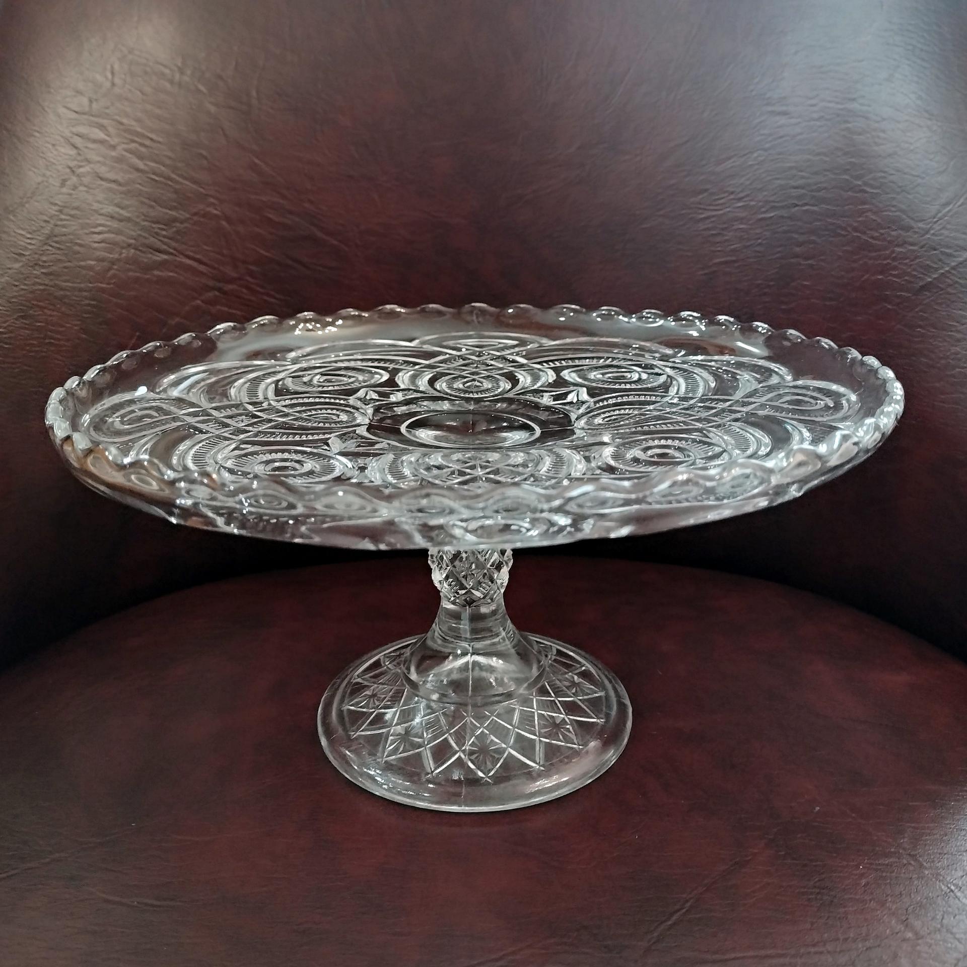 Antique Bryce Higbee Curlicue 9 1/2 In Clear Pressed Glass Pedestal Cake Stand with Scalloped Lip, Vintage EAPG Pastry Dessert Display Plate