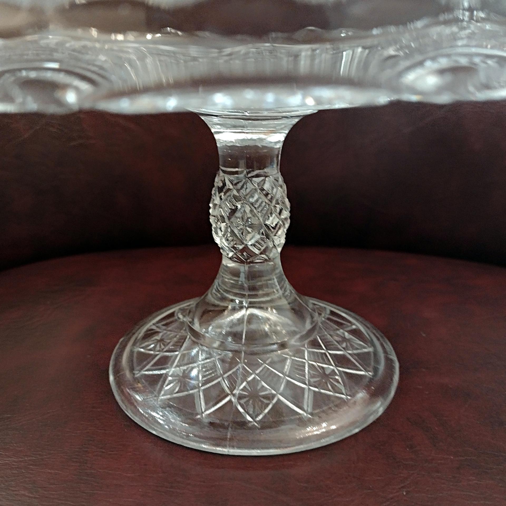Antique Bryce Higbee Curlicue 9 1/2 In Clear Pressed Glass Pedestal Cake Stand with Scalloped Lip, Vintage EAPG Pastry Dessert Display Plate