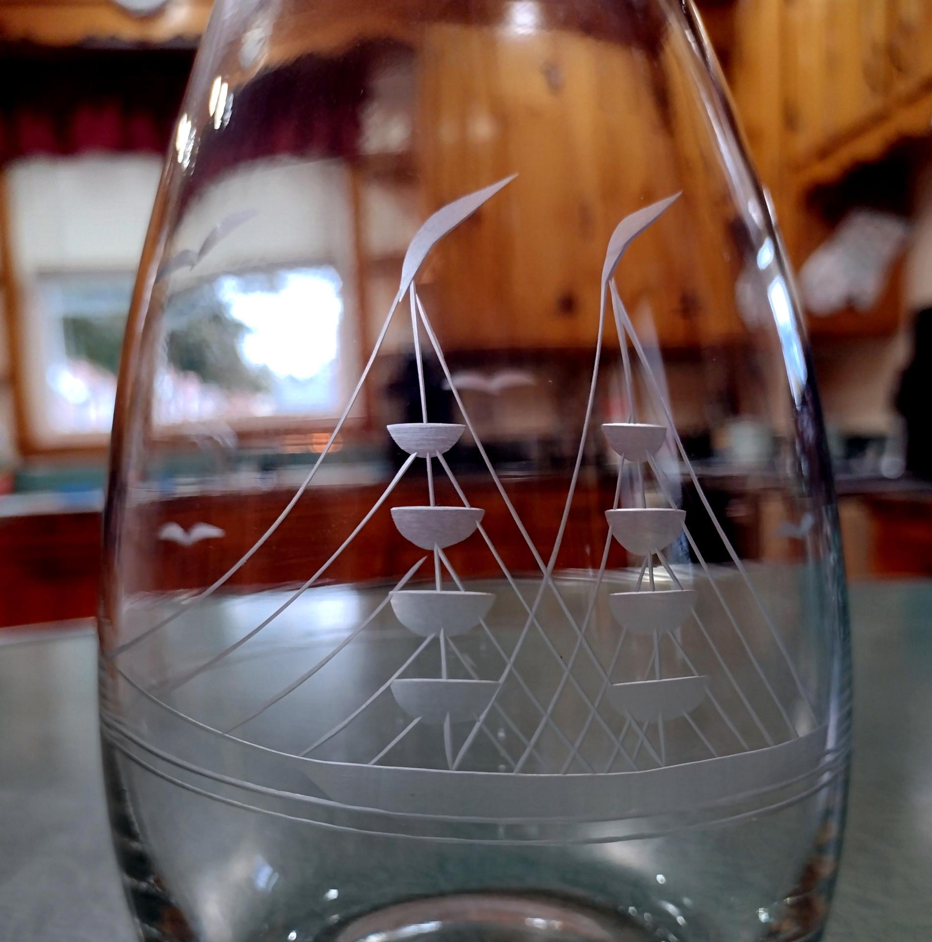 Vintage Etched Glass Ships Wine Decanter with Stopper, Nautical Barware