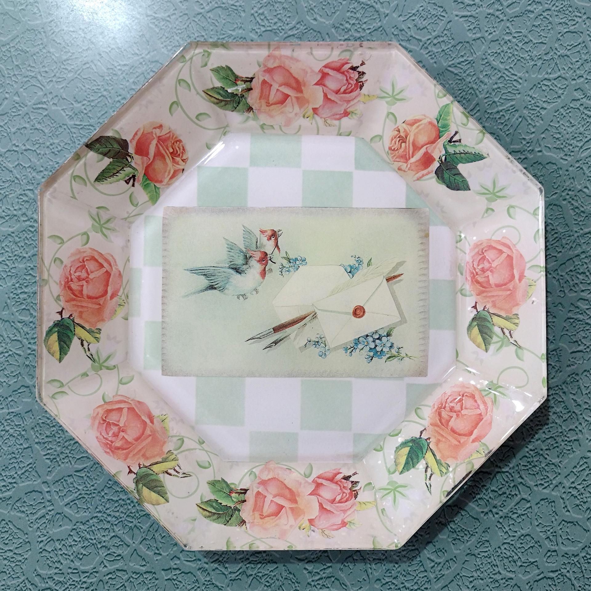Vintage Roses, Birds, and Letters Decoupage Octagonal Glass Plate