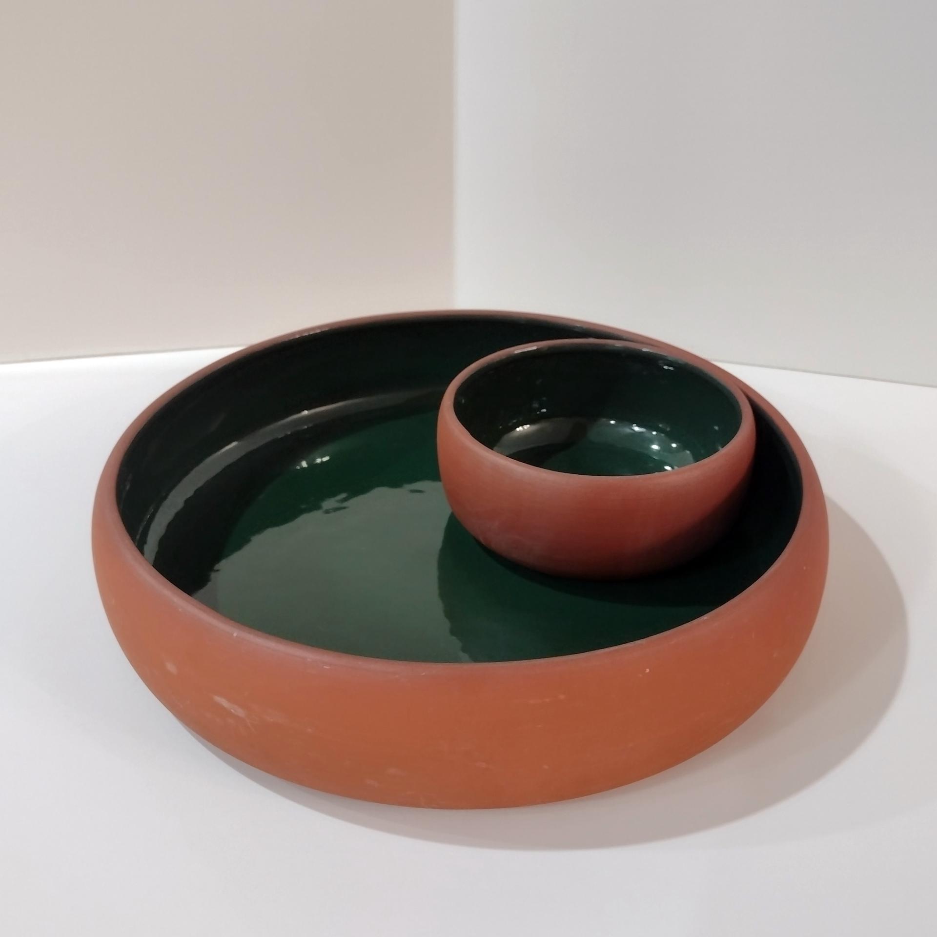 Vintage Terra Cotta and Green Ceramic Chip and Dip Bowl, Bortner and Bortner LTD Pottery