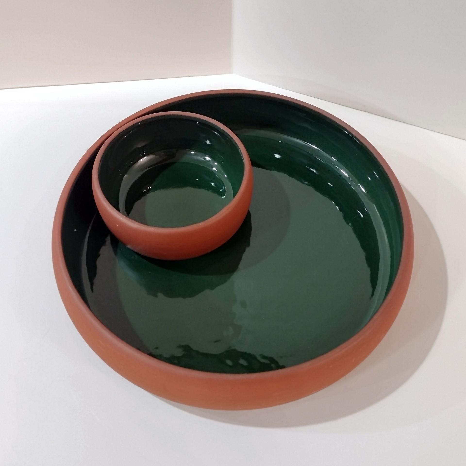 Vintage Terra Cotta and Green Ceramic Chip and Dip Bowl, Bortner and Bortner LTD Pottery