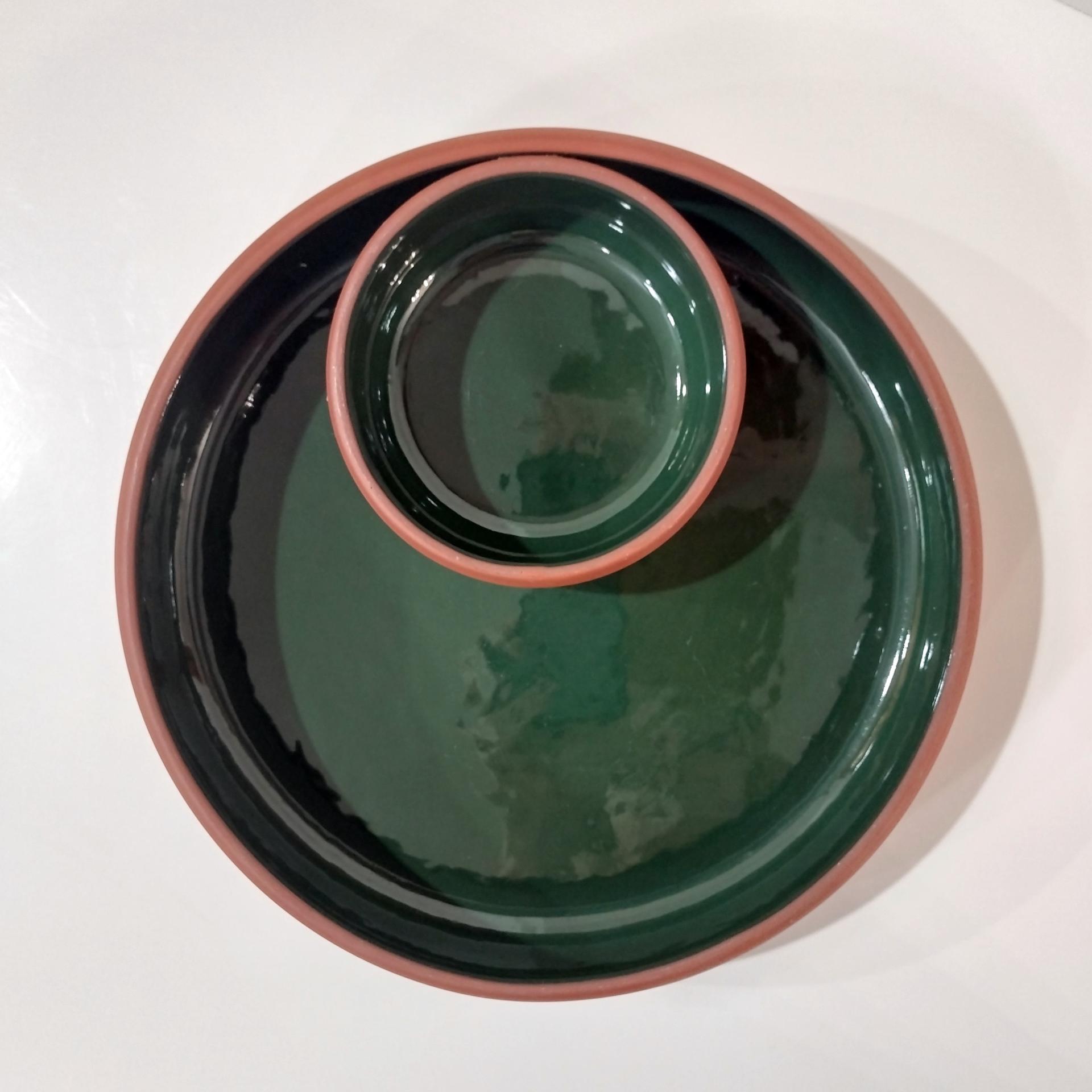 Vintage Terra Cotta and Green Ceramic Chip and Dip Bowl, Bortner and Bortner LTD Pottery