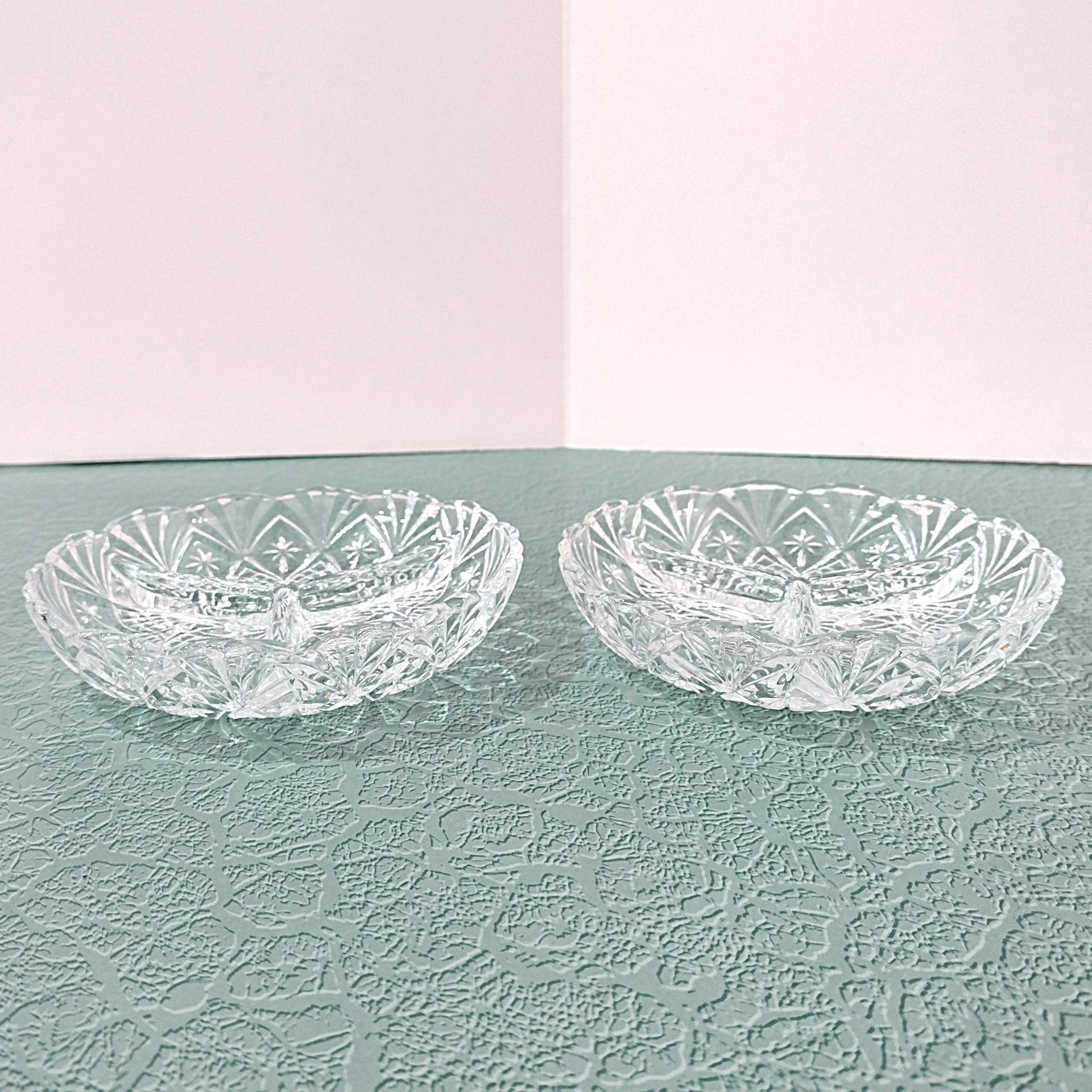 Vintage Clear Pressed Glass Divided 3 Section Sauce Relish Bowls, Set of 2, Pineapple and Crisscross Design