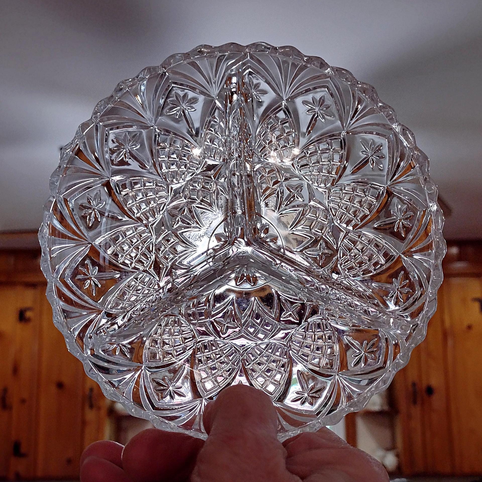 Vintage Clear Pressed Glass Divided 3 Section Sauce Relish Bowls, Set of 2, Pineapple and Crisscross Design