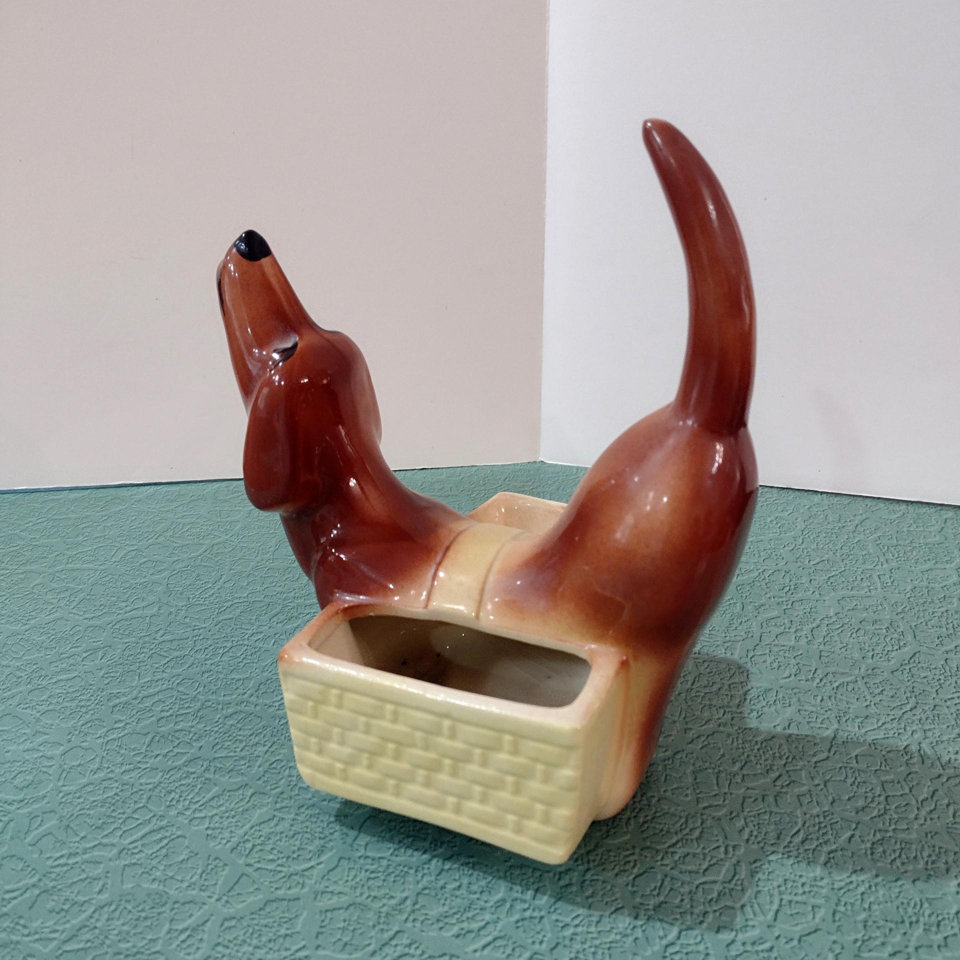 Vintage Ceramic Dachshund Planter, Dresser Caddy, Garden Decoration