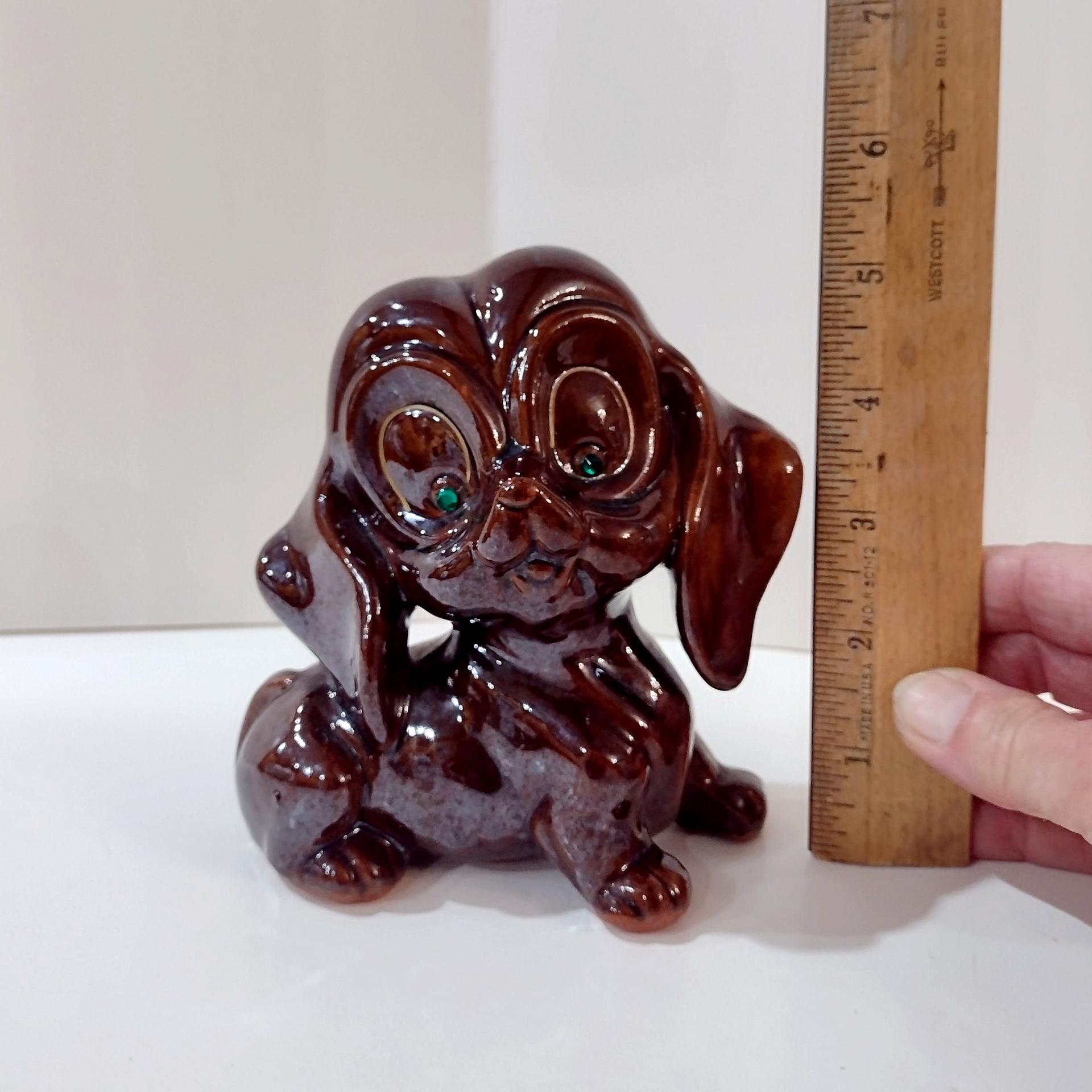 Vintage Ceramic Redware Brown Puppy Dog Figurine with Green Eyes