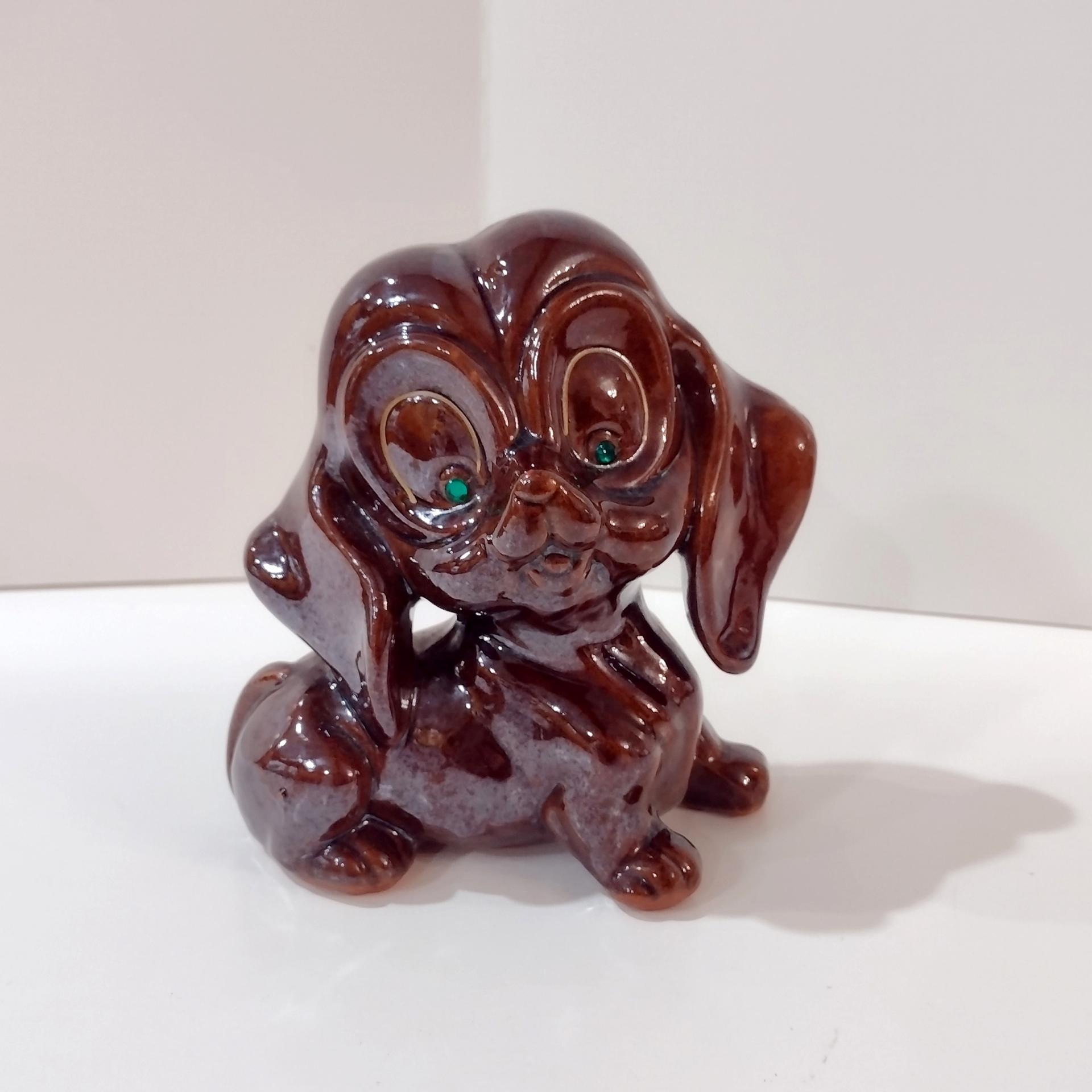 Vintage Ceramic Redware Brown Puppy Dog Figurine with Green Eyes