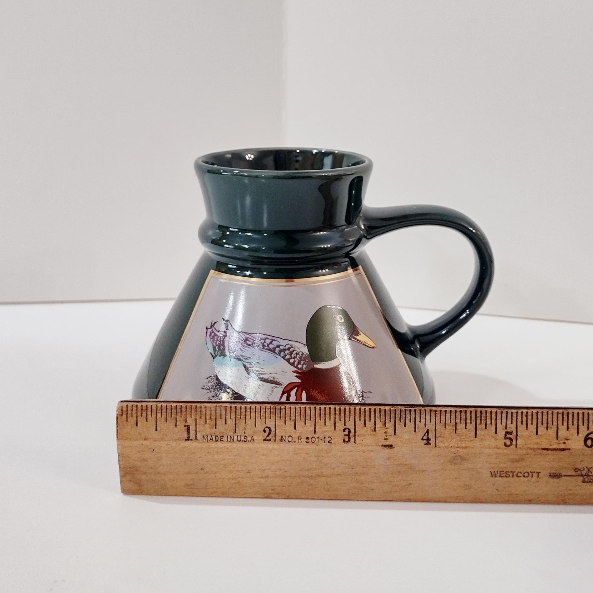 Vintage Mallard Duck Pyramid Coffee Tea Mug, Wide Base 16 Ounce Green Ceramic Coffee Mug