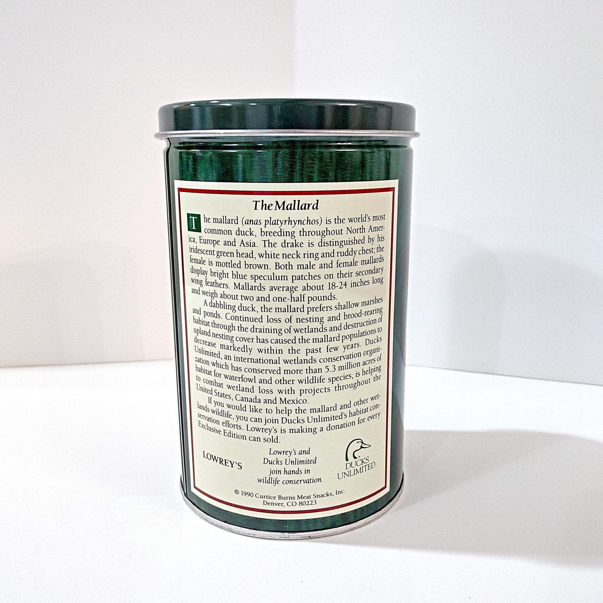 Vintage 1990 Harold Roe "Spooked" Mallard Duck Cylinder Tin, Lowrey's Ducks Unlimited Collector Tin