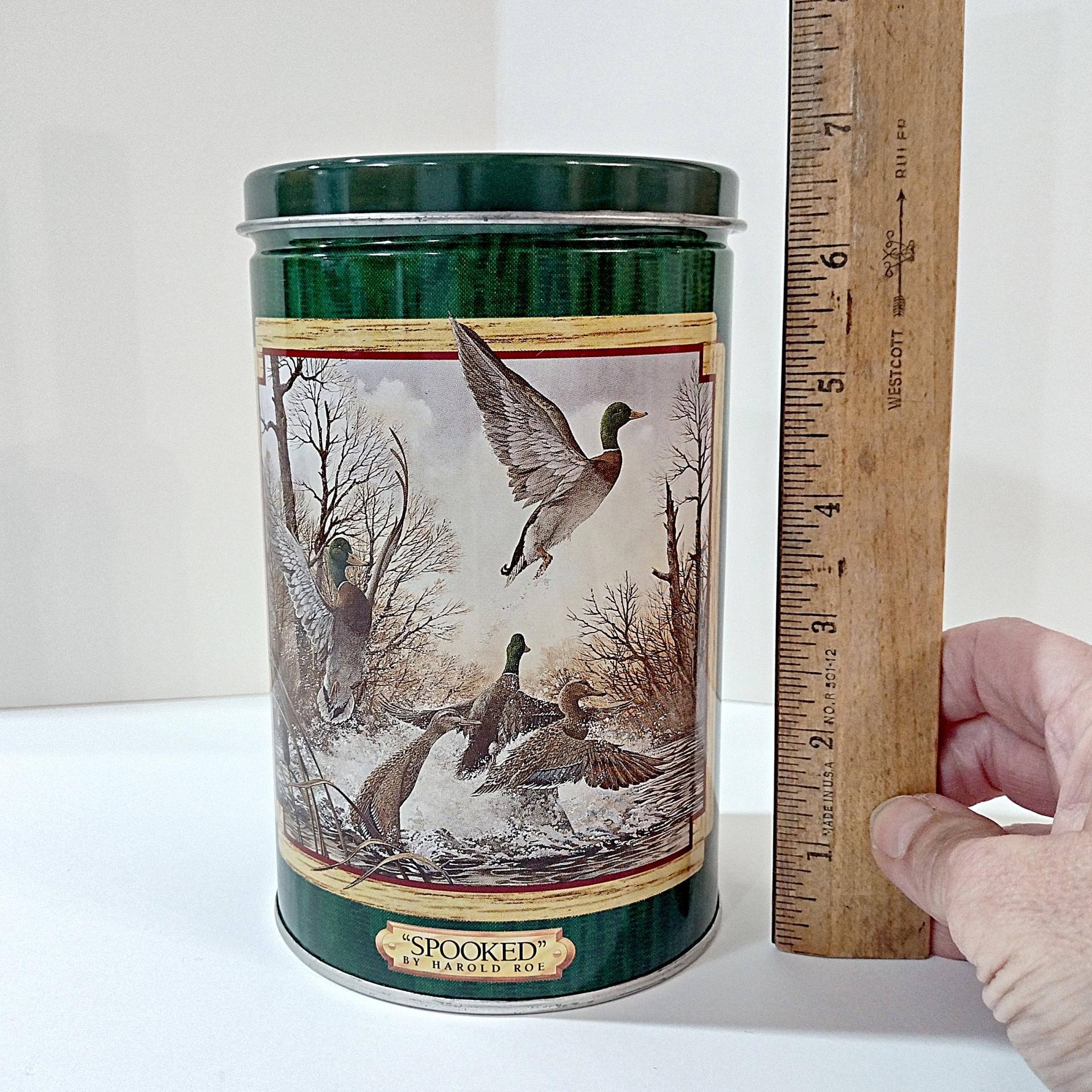 Vintage 1990 Harold Roe "Spooked" Mallard Duck Cylinder Tin, Lowrey's Ducks Unlimited Collector Tin