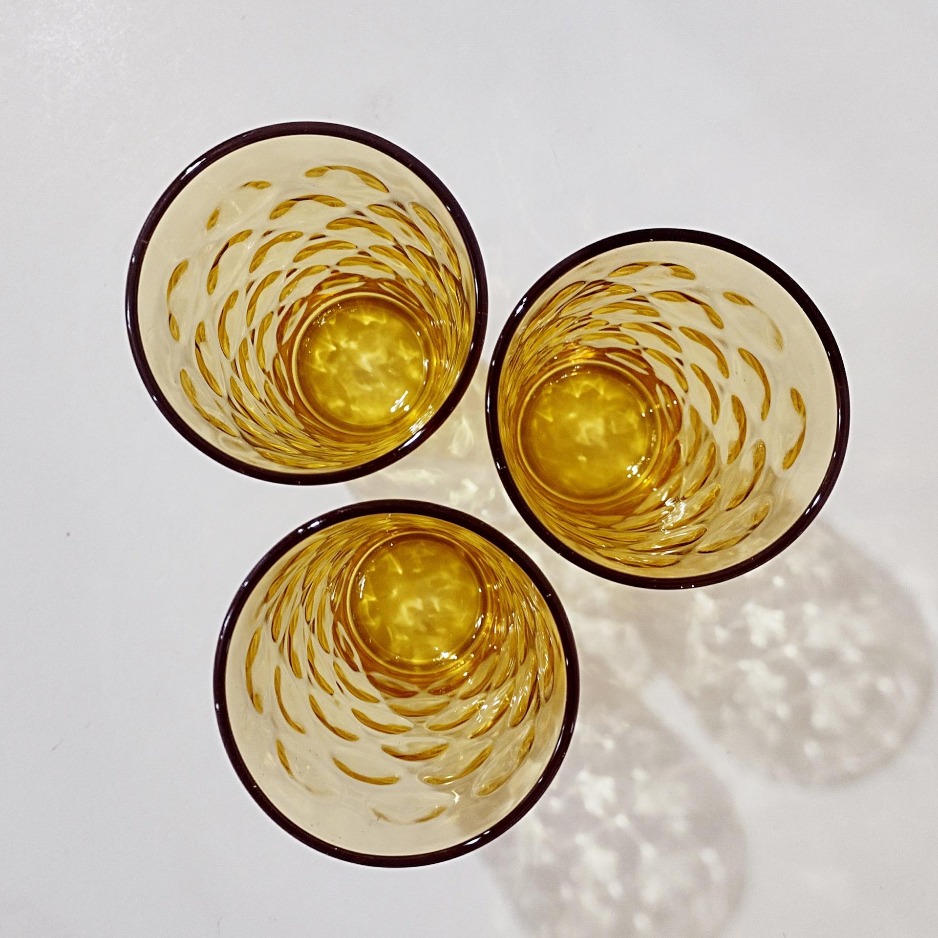 Vintage Hazel Atlas Eldorado Gold Flat Tumblers, Set of 3, MCM Retro Amber Drinking Glasses