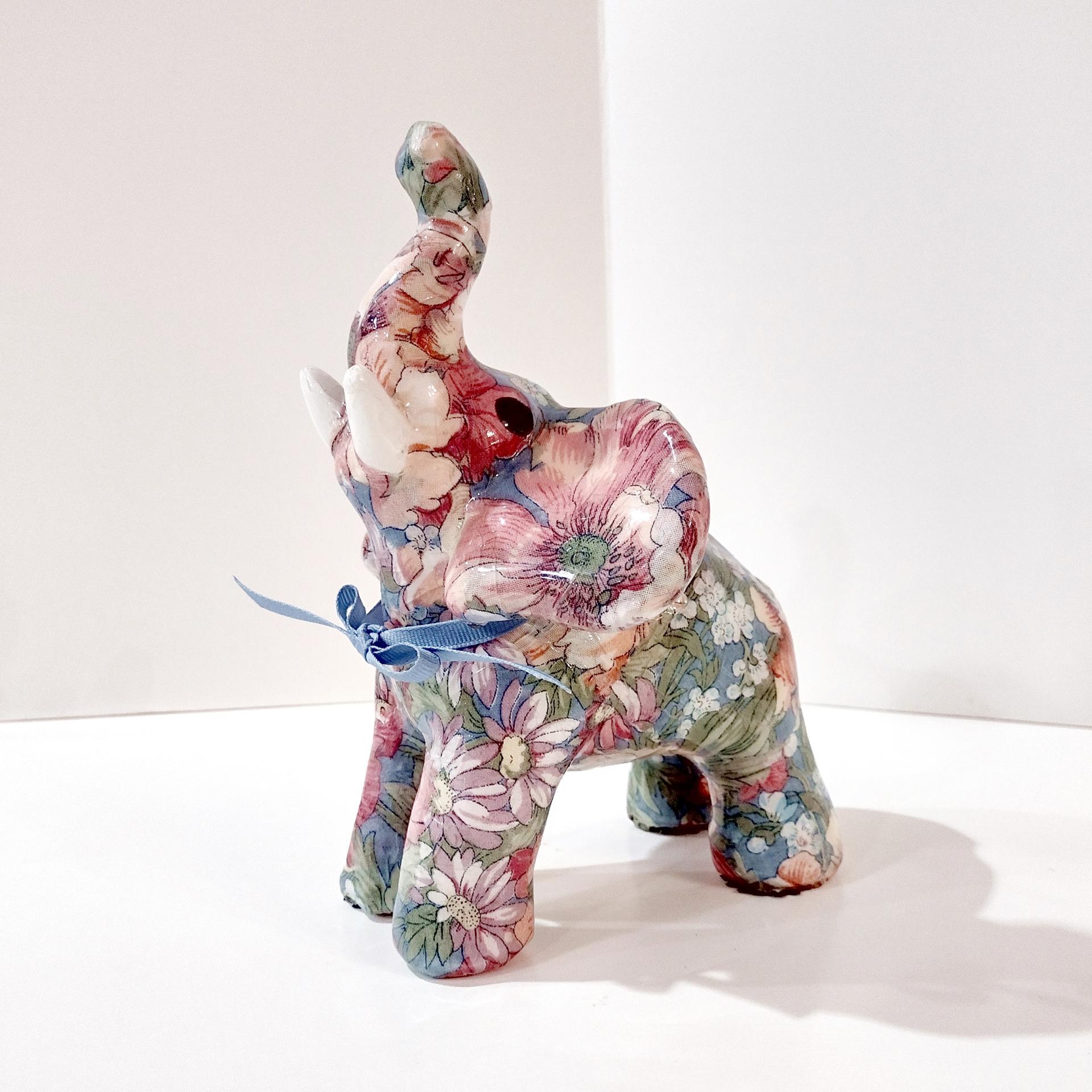 Vintage Joan Baker Porcelain Patchworks Floral Decoupage Elephant Figurine, Good Luck Trunk Up Elephant