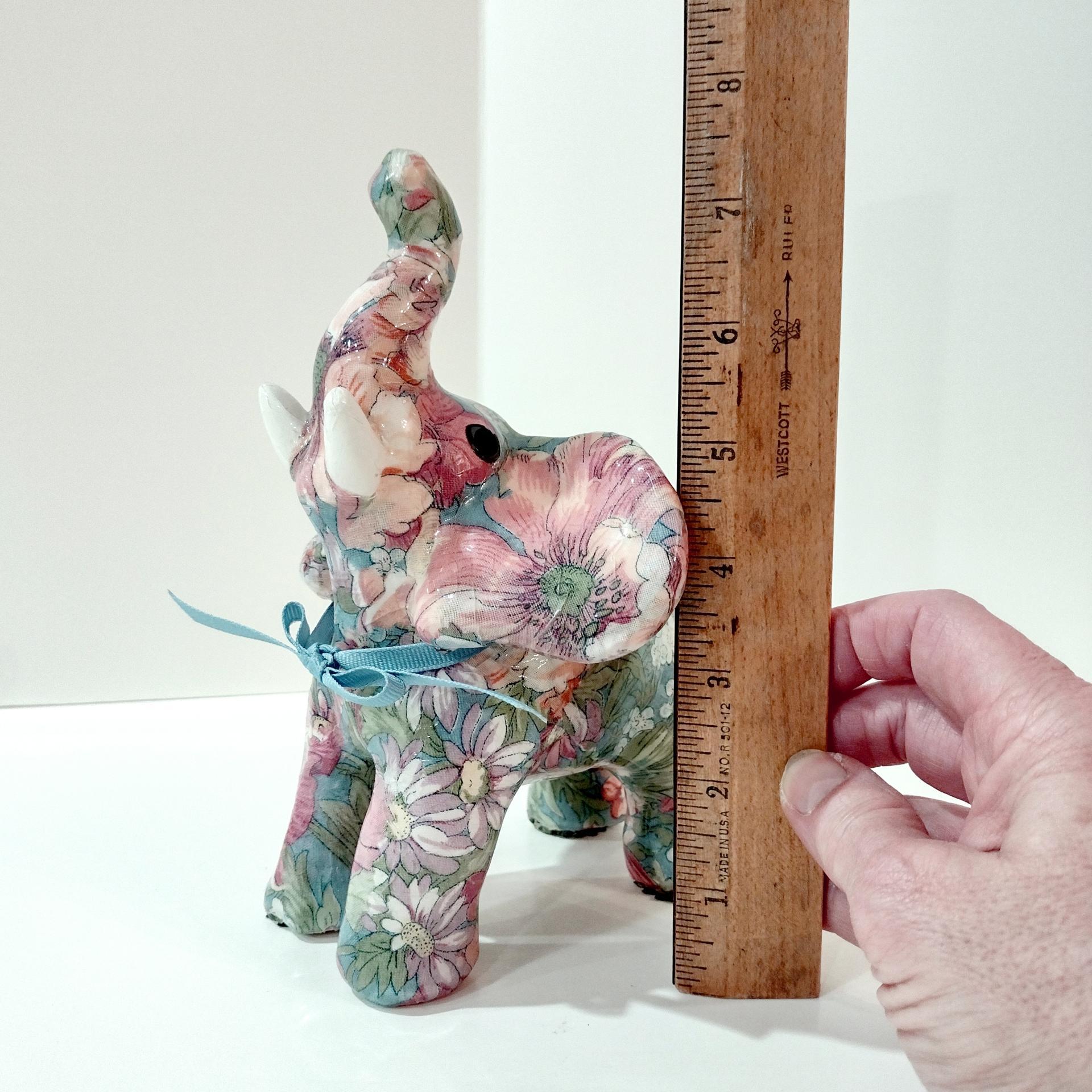 Vintage Joan Baker Porcelain Patchworks Floral Decoupage Elephant Figurine, Good Luck Trunk Up Elephant