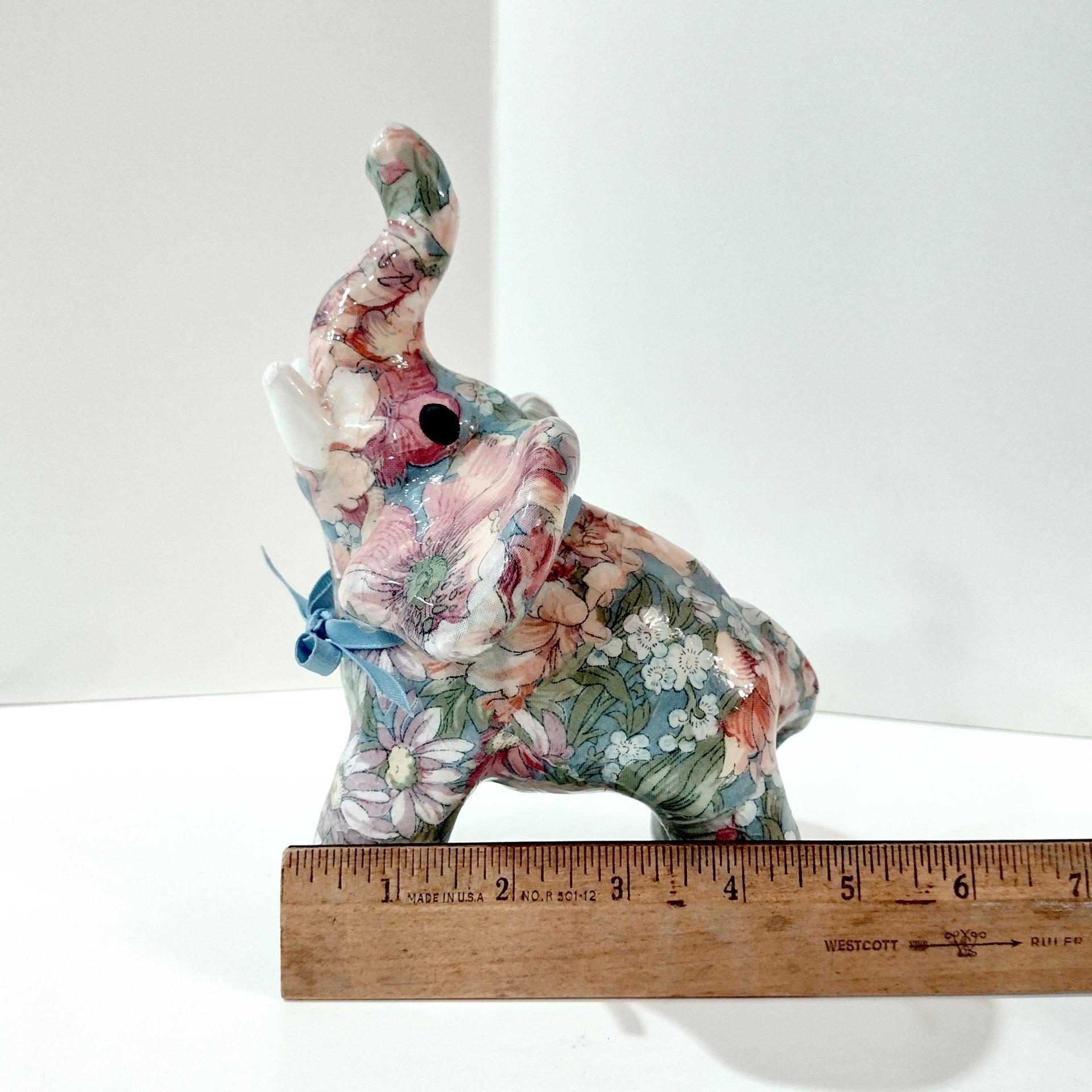 Vintage Joan Baker Porcelain Patchworks Floral Decoupage Elephant Figurine, Good Luck Trunk Up Elephant