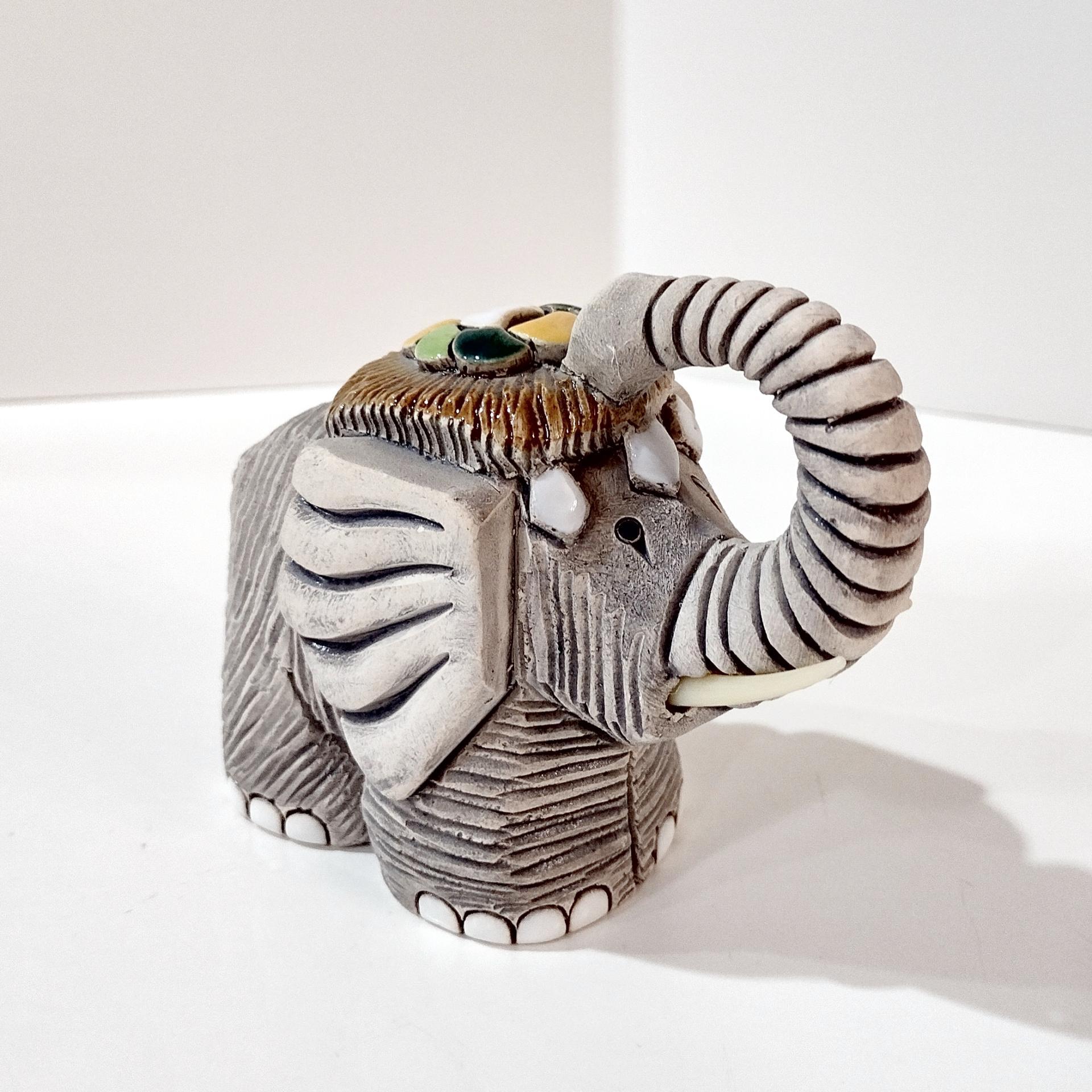 Vintage Artesania Rinconada Uruguay Sculpted Clay Elephant Figurine, Good Luck Trunk Up Elephant