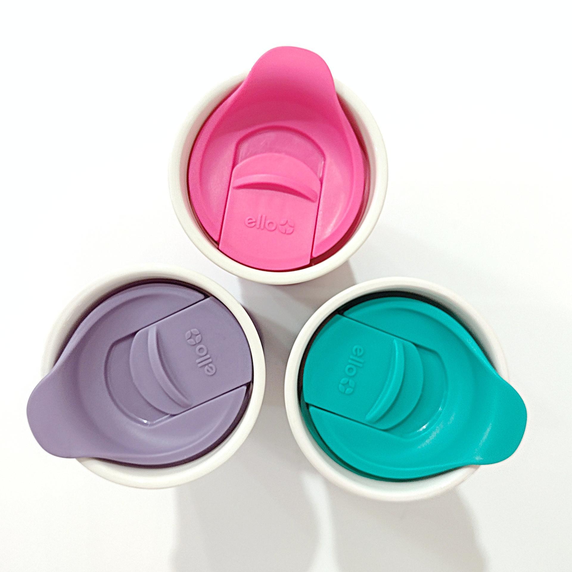 Ello Ogden Ceramic Travel Mugs, Set of 3, Purple Pink Teal Aqua Blue Ello Silicone Sleeve Cups with Lids