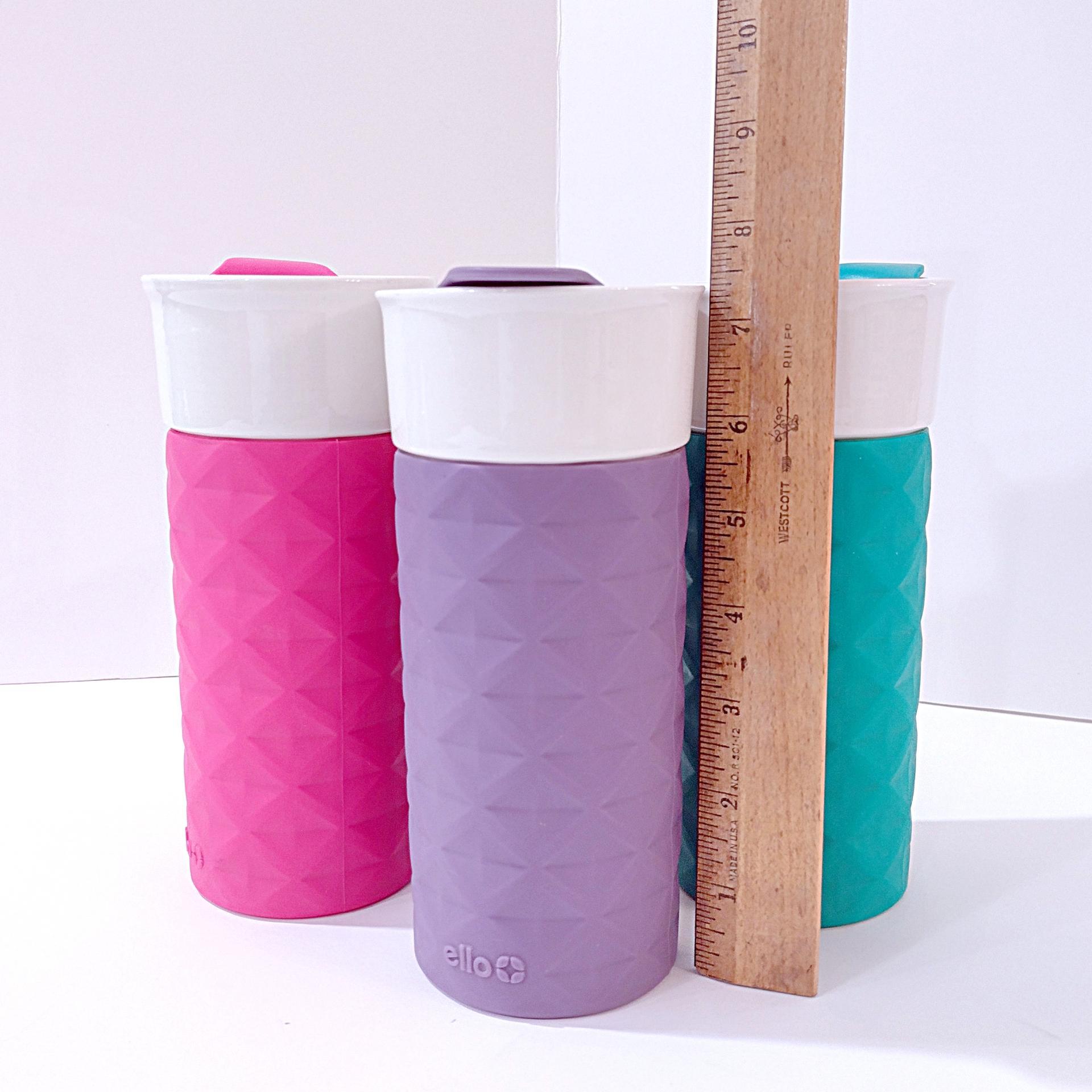 Ello Ogden Ceramic Travel Mugs, Set of 3, Purple Pink Teal Aqua Blue Ello Silicone Sleeve Cups with Lids