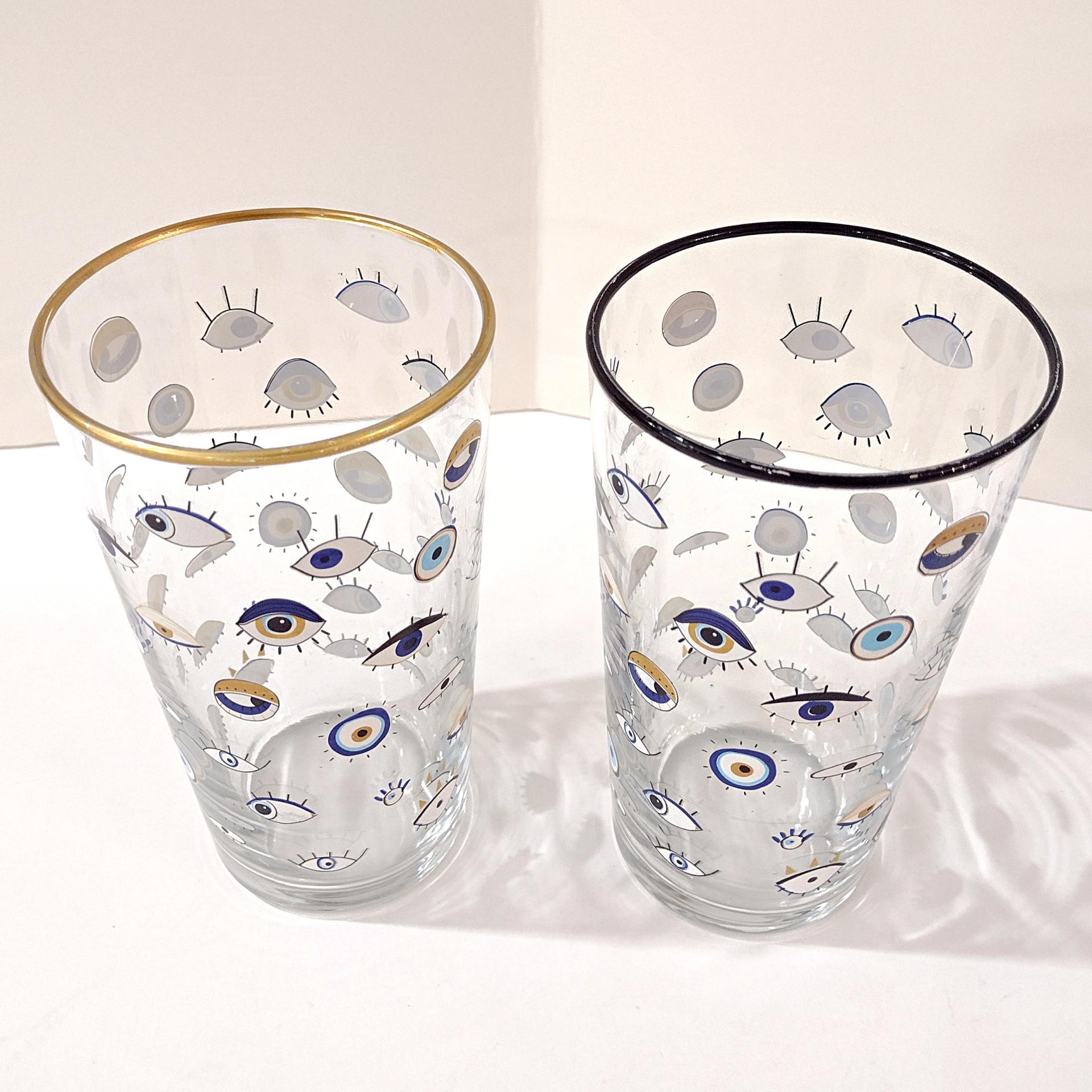 Vintage Anthropologie Rakle Watchful Evil Eye Drinking Glasses, Set of 2, 18 Ounce Eyeball Beer Pint Glasses