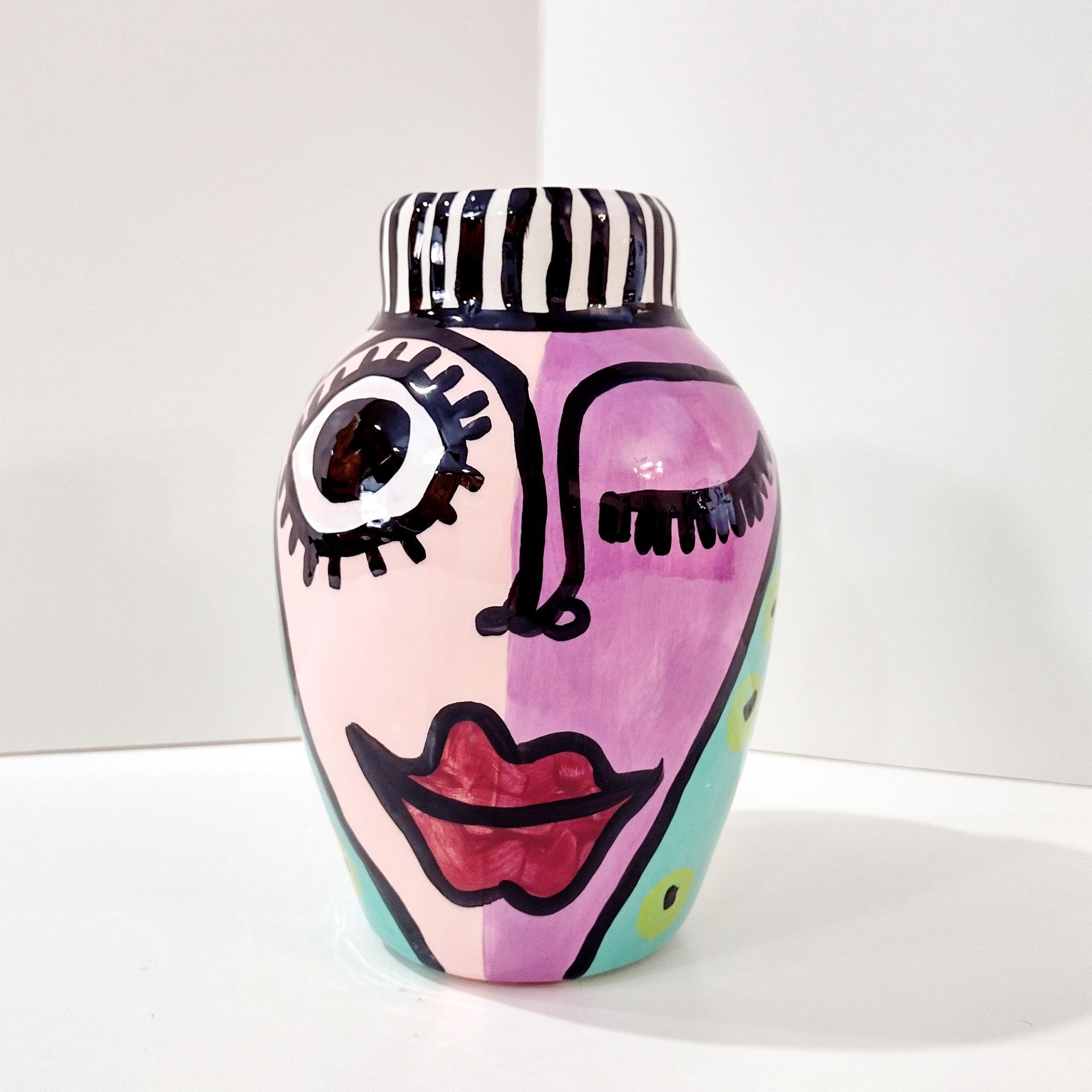 Vintage Jerilynn Babroff Ceramic Pop Art Face Vase, Woman's Face Abstract Pottery