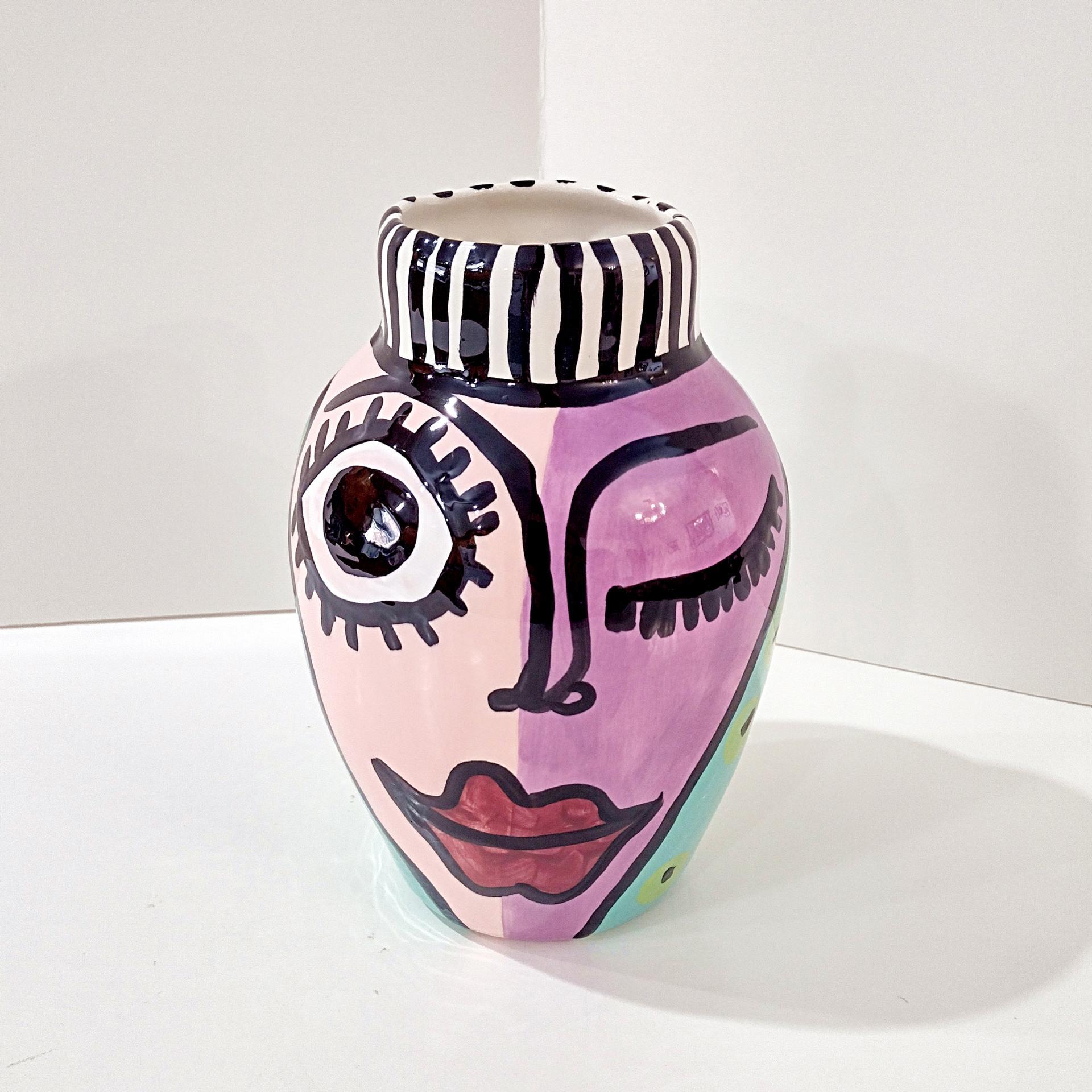 Vintage Jerilynn Babroff Ceramic Pop Art Face Vase, Woman's Face Abstract Pottery
