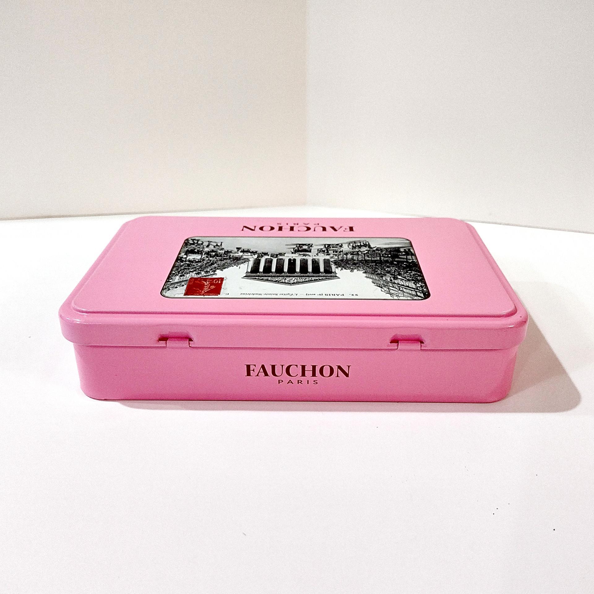 Vintage Fauchon Paris Pink Hinged Lid Storage Tin Box