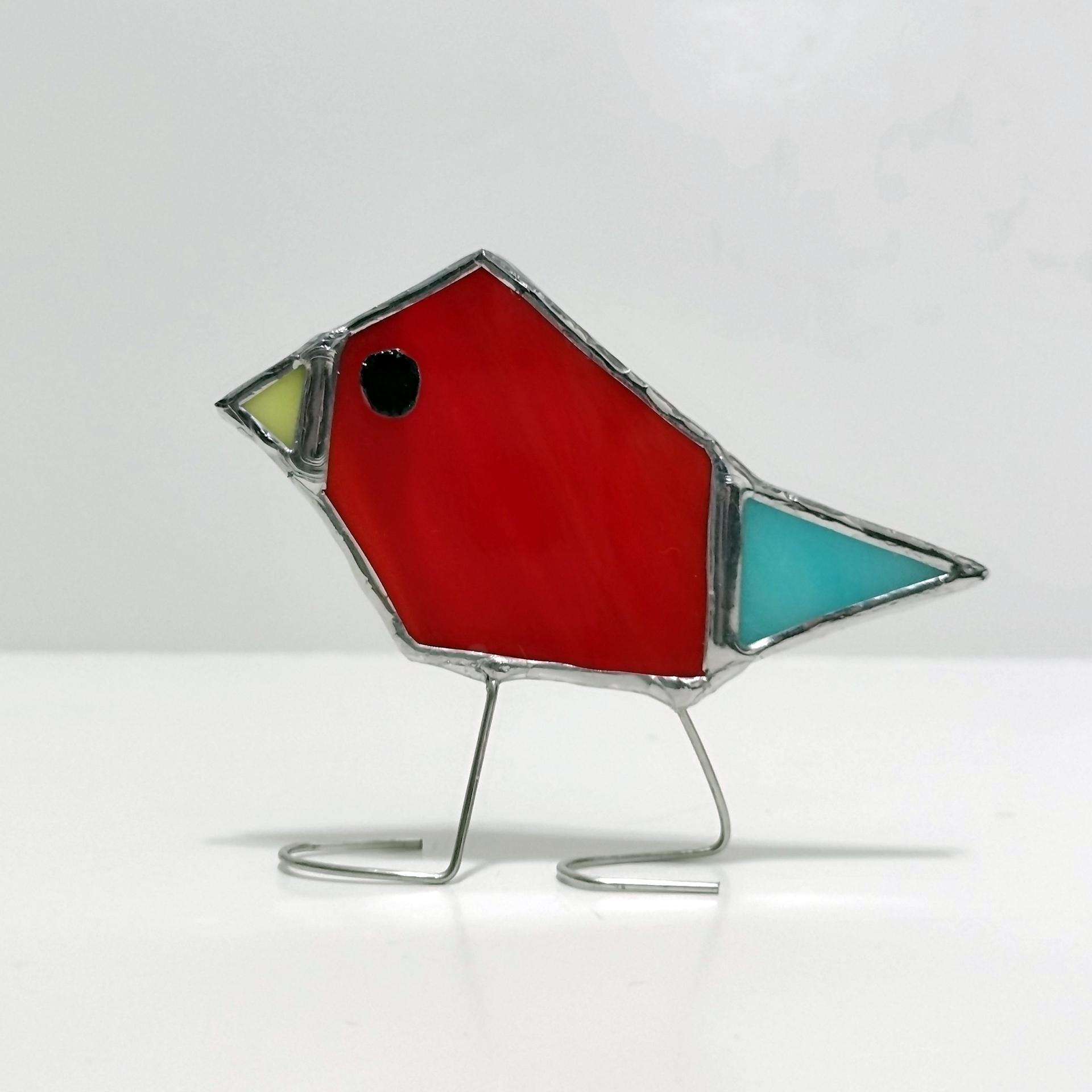 Stained Glass Standing Bird, Funky Red and Blue Glass Bird Suncatcher