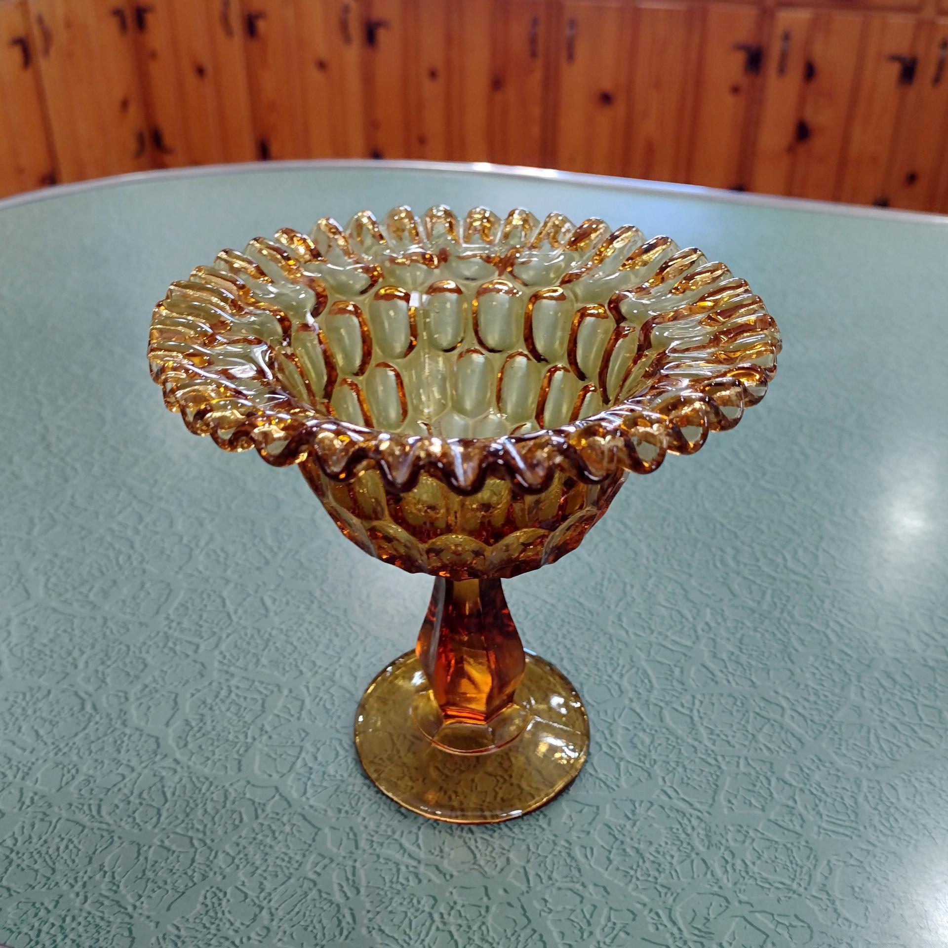 Vintage Fenton Amber Thumbprint Crimped Edge Glass Compote