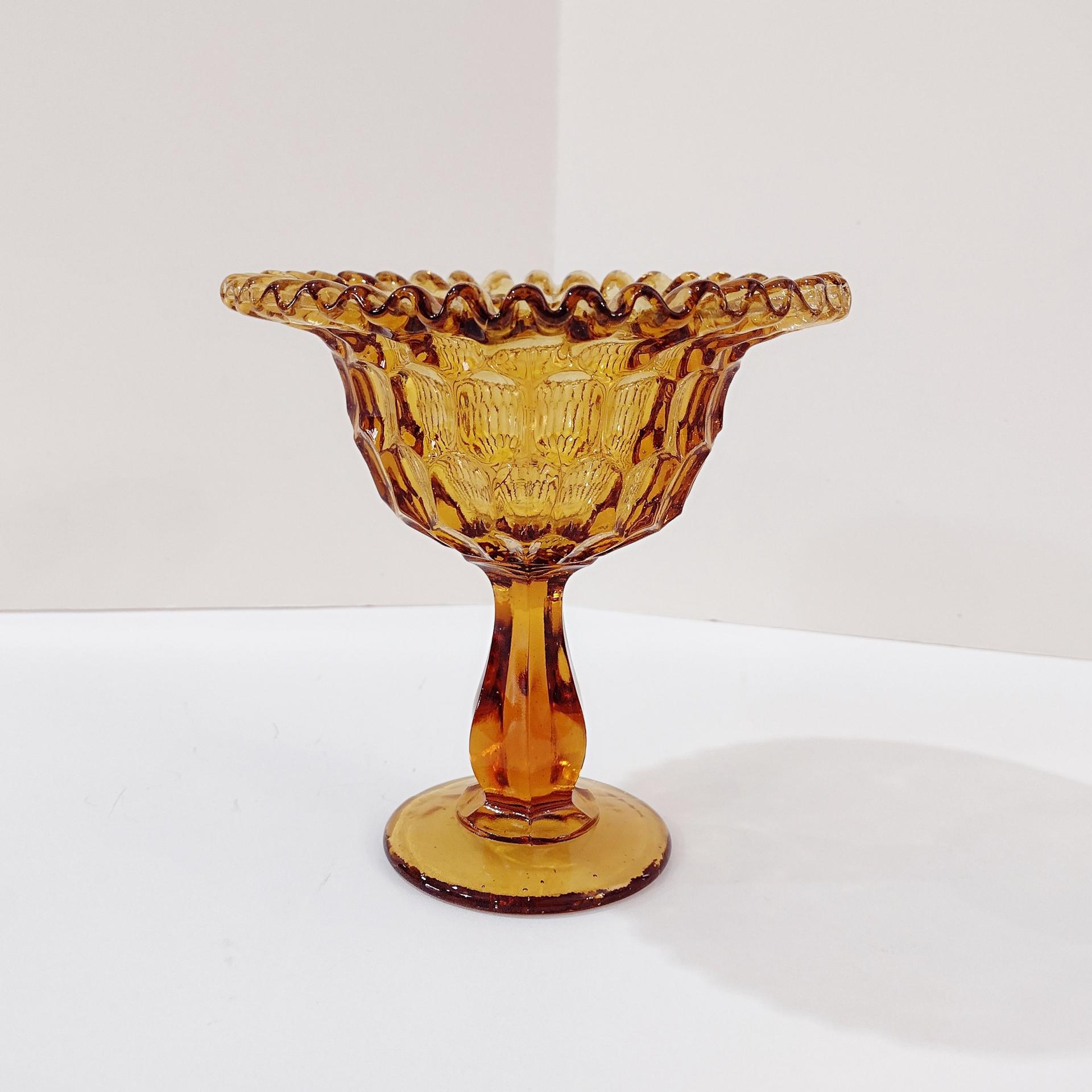 Vintage Fenton Amber Thumbprint Crimped Edge Glass Compote