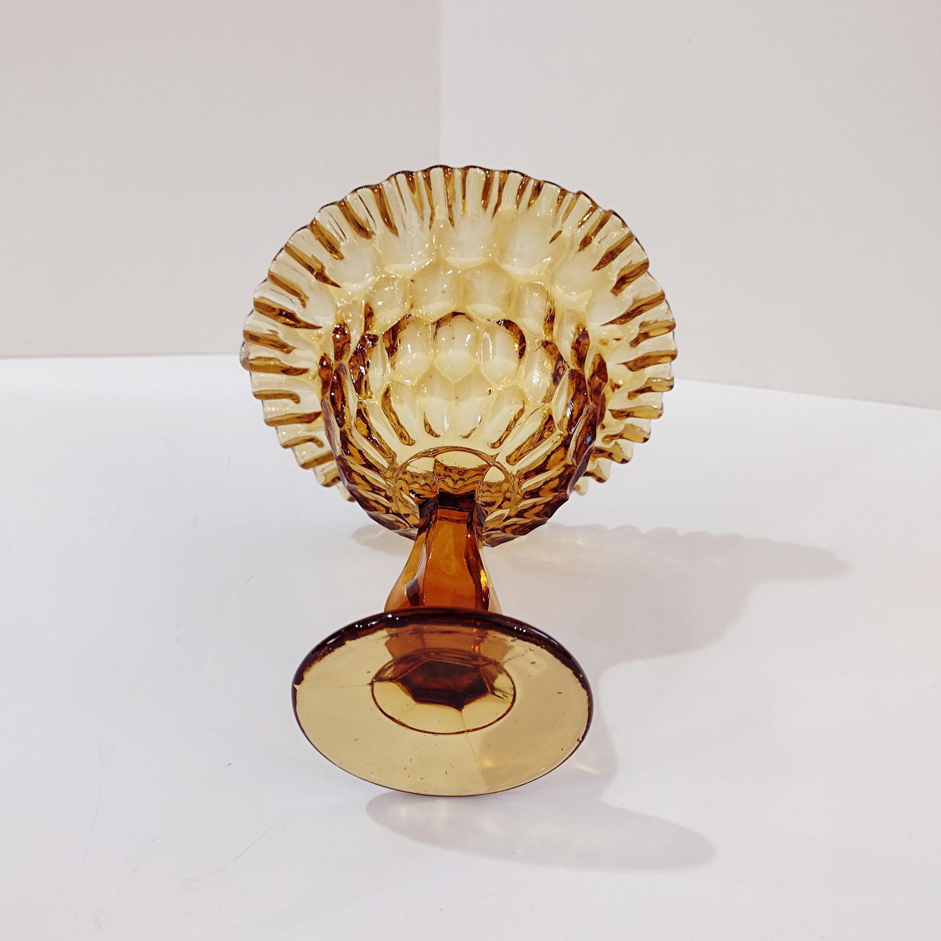 Vintage Fenton Amber Thumbprint Crimped Edge Glass Compote