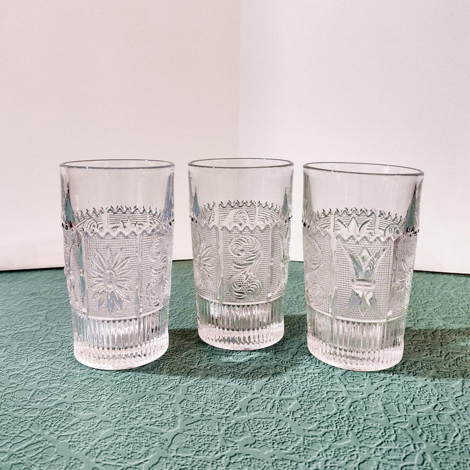 Vintage Westmoreland Princess Feather Clear 9 Ounce Flat Tumblers, Set of Three, EAPG Drinking Glasses, Manganese Glass, UV Reactive Glass