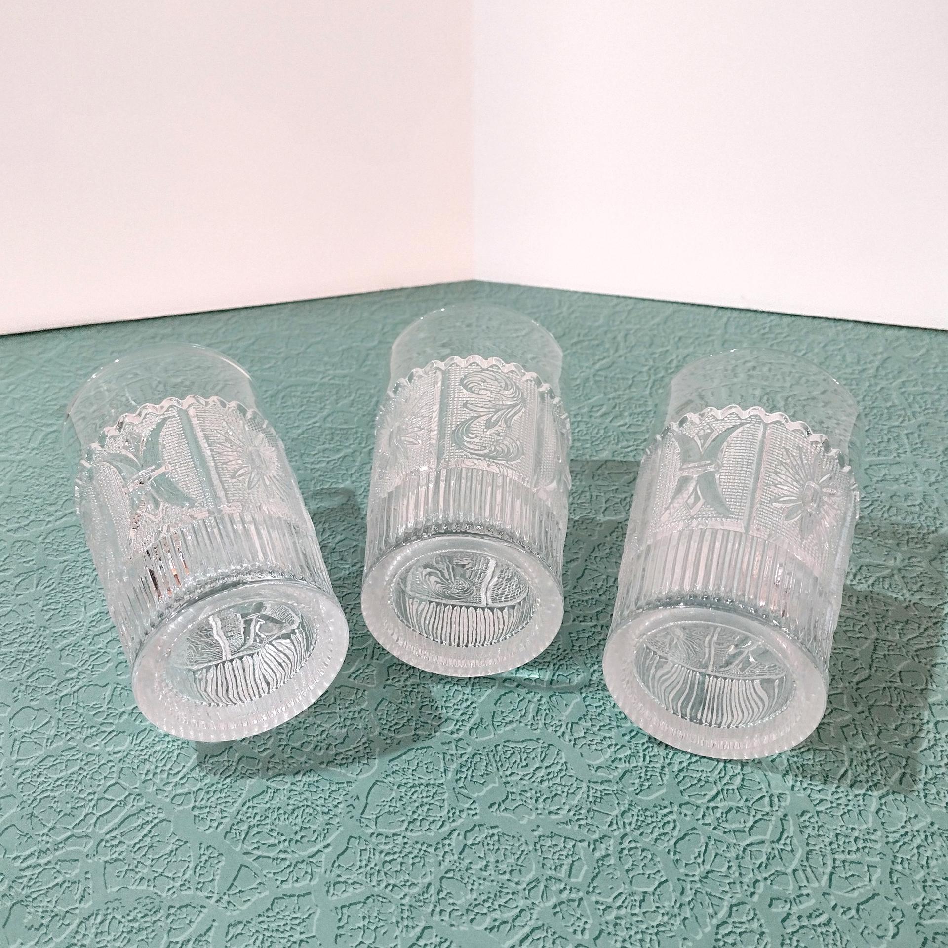 Vintage Westmoreland Princess Feather Clear 9 Ounce Flat Tumblers, Set of Three, EAPG Drinking Glasses, Manganese Glass, UV Reactive Glass
