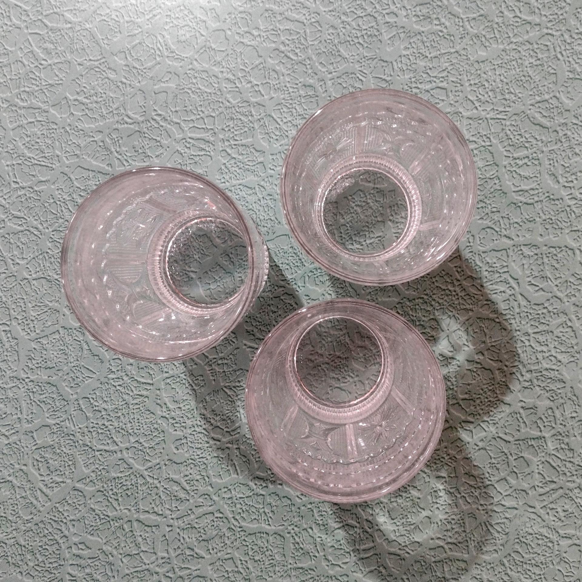 Vintage Westmoreland Princess Feather Clear 9 Ounce Flat Tumblers, Set of Three, EAPG Drinking Glasses, Manganese Glass, UV Reactive Glass