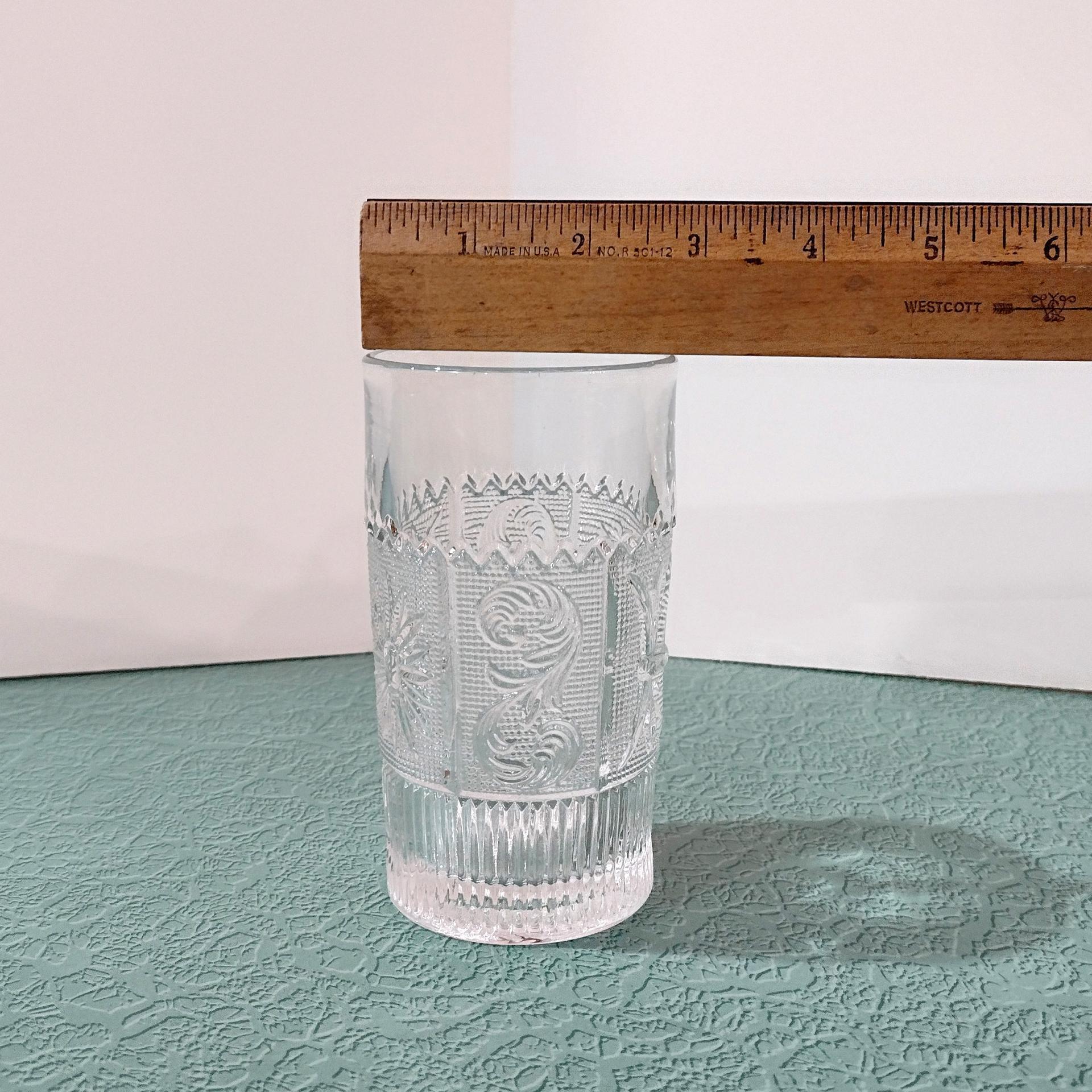 Vintage Westmoreland Princess Feather Clear 9 Ounce Flat Tumblers, Set of Three, EAPG Drinking Glasses, Manganese Glass, UV Reactive Glass