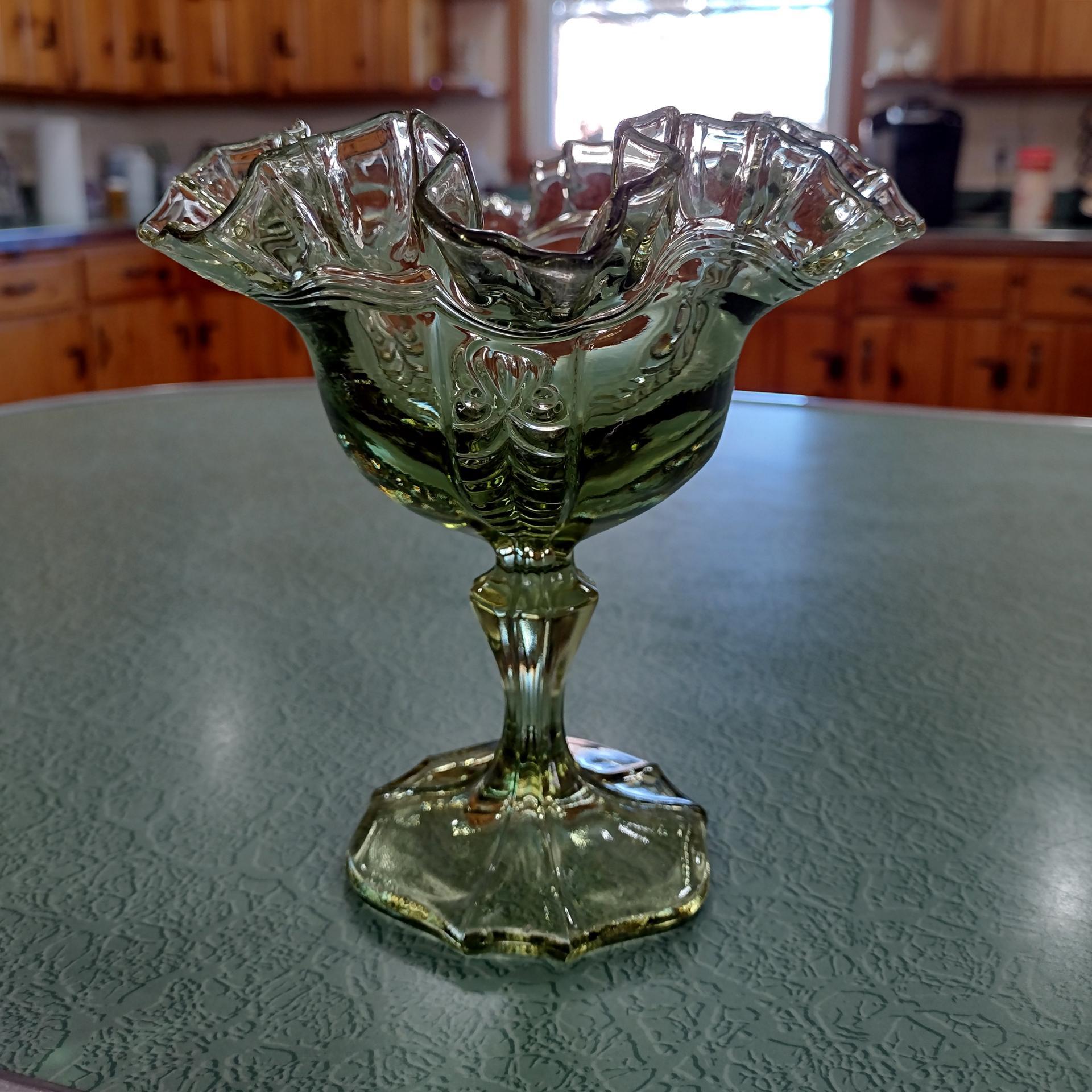 Vintage Fenton Sea Mist Green Empress Ruffled Glass Compote