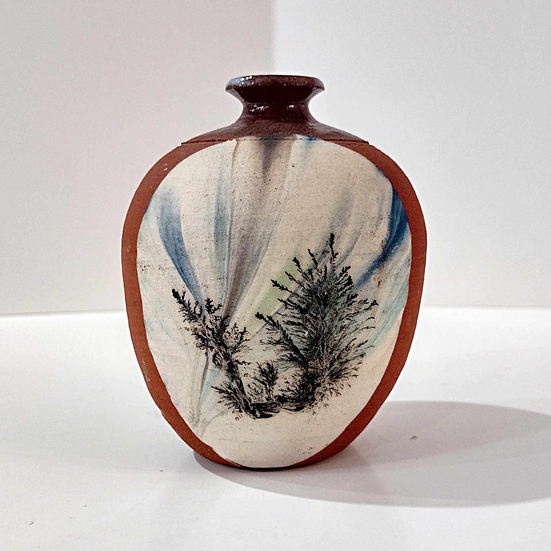 Vintage Small Terra Cotta Bud Vase with Blue and White Fern Plant Design, Hand Crafted Studio Pottery