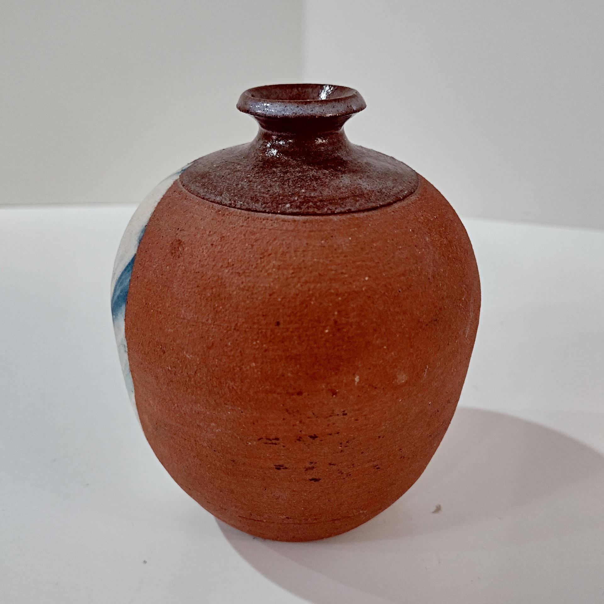 Vintage Small Terra Cotta Bud Vase with Blue and White Fern Plant Design, Hand Crafted Studio Pottery