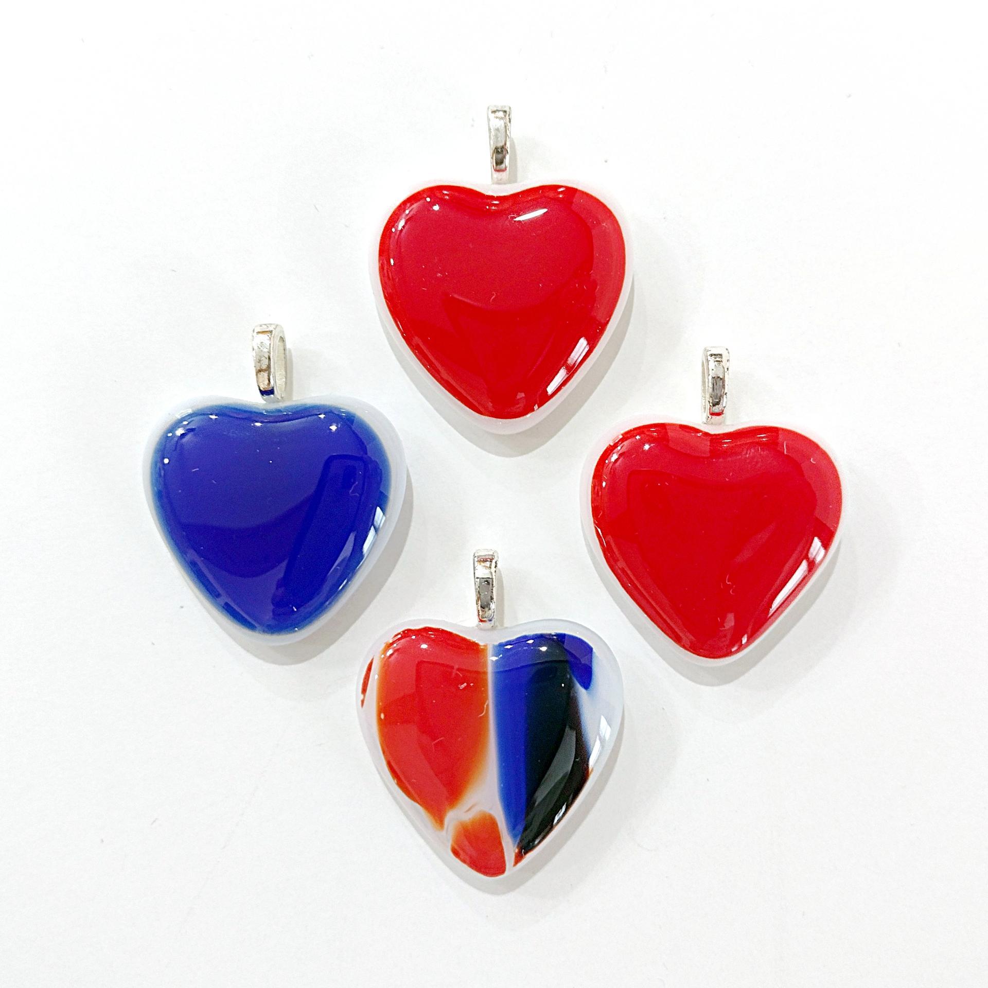 Set of 4 Fused Glass Heart Pendants, Red and Blue Glass Heart Charm Pendants