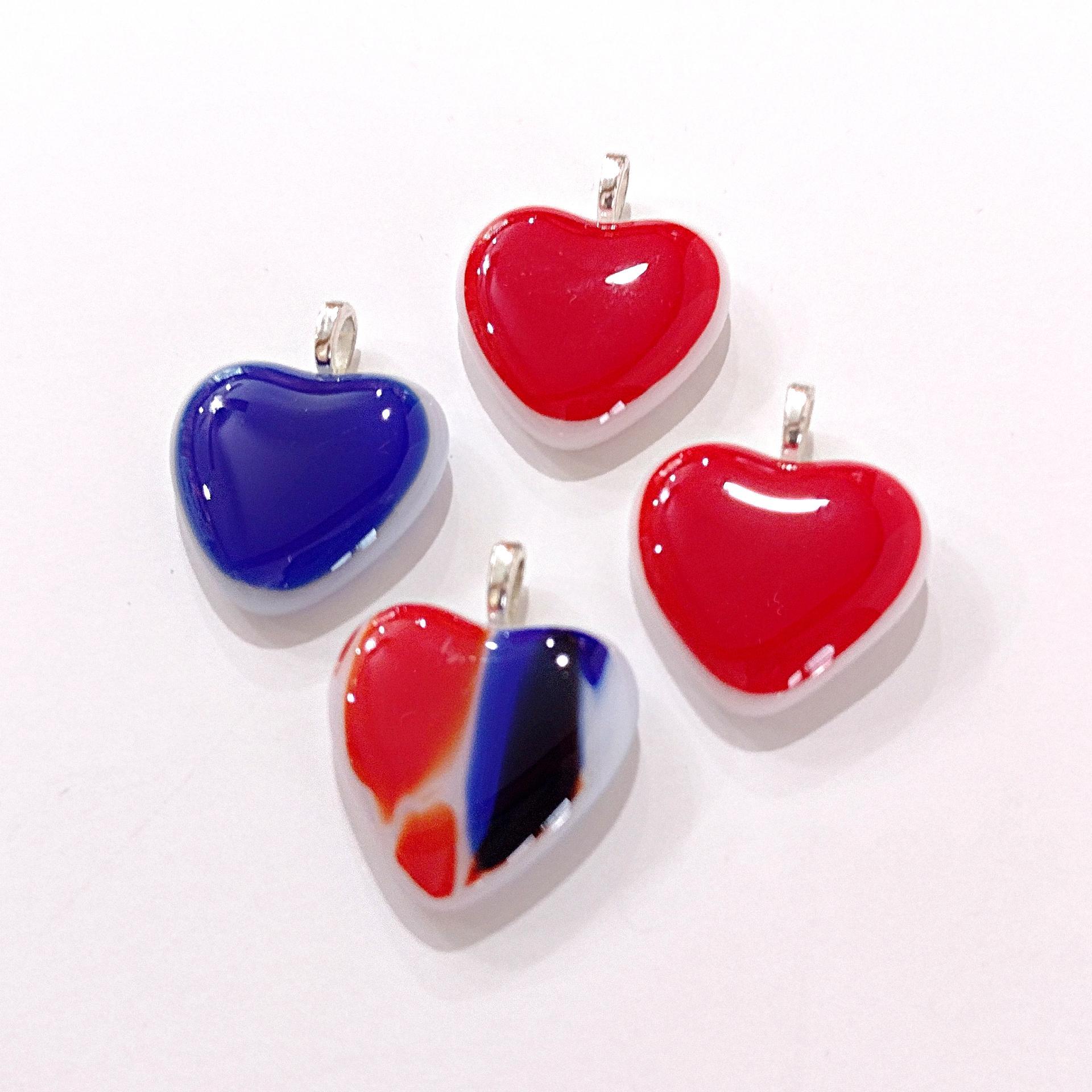 Set of 4 Fused Glass Heart Pendants, Red and Blue Glass Heart Charm Pendants