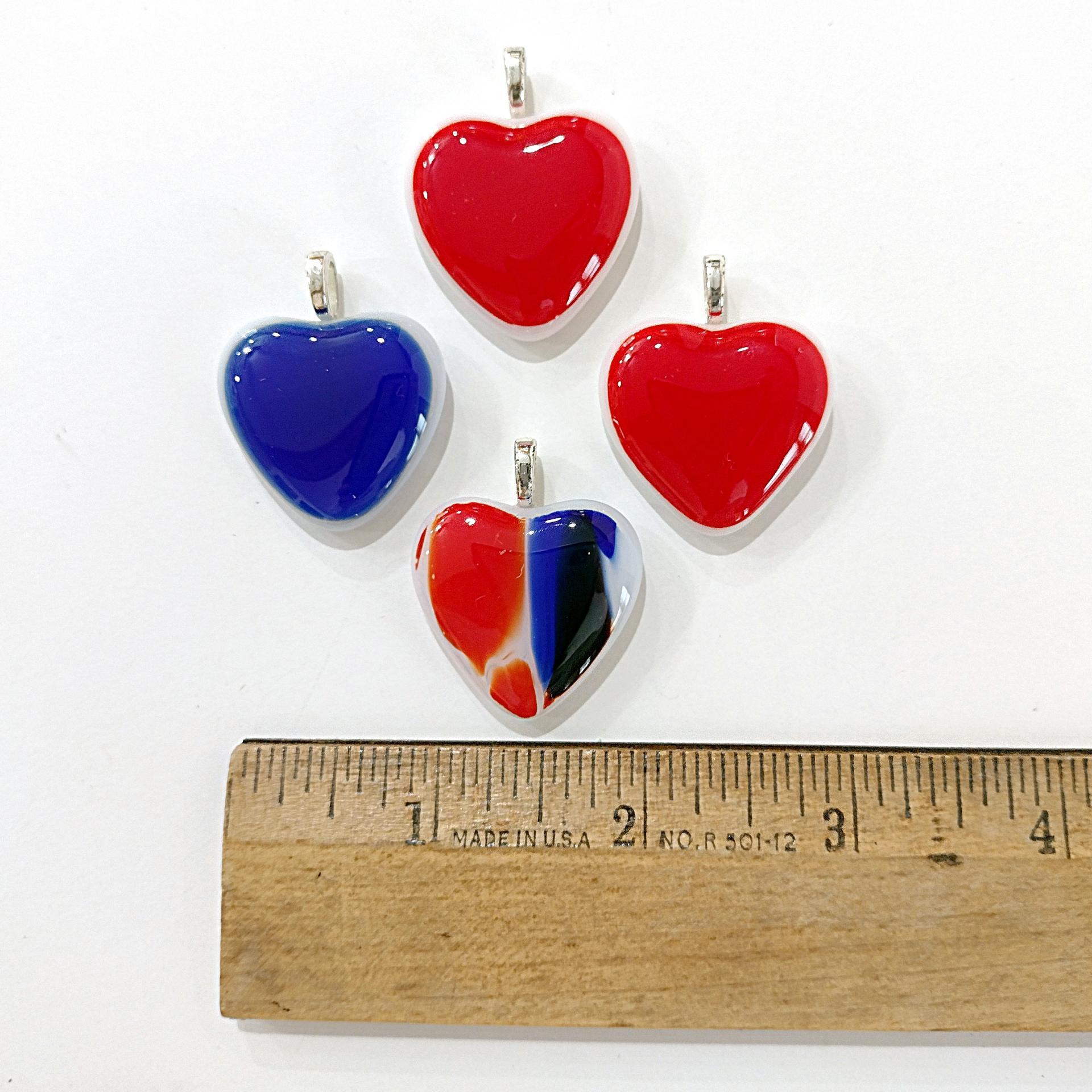 Set of 4 Fused Glass Heart Pendants, Red and Blue Glass Heart Charm Pendants